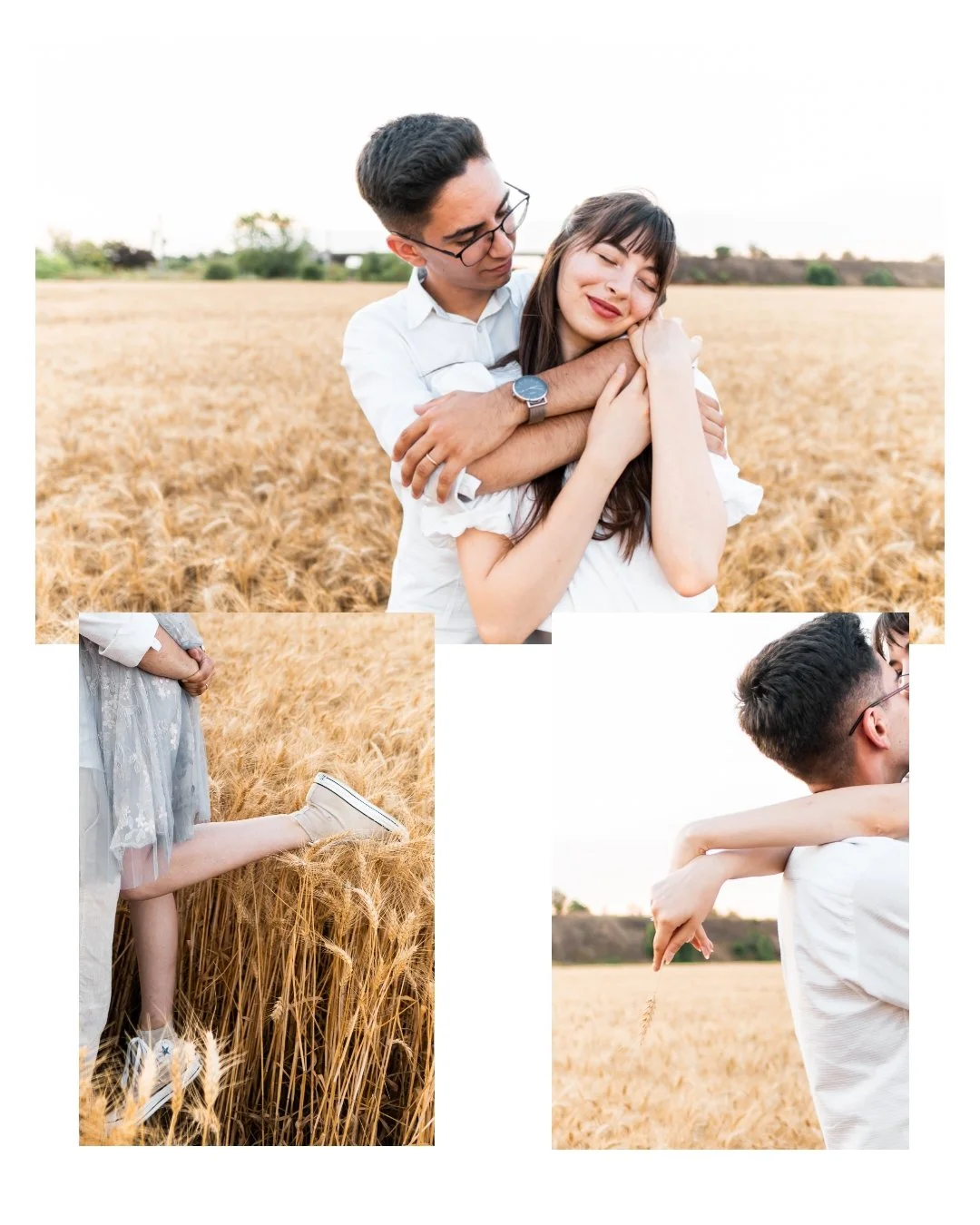 A young couple embraces in a wheat field, with the woman smiling and showing her arms around the man's neck. The man is wearing glasses and a white shirt. Two smaller photos show the woman lifting her leg in a tulle skirt and the man with his back turned, holding a stalk of wheat.