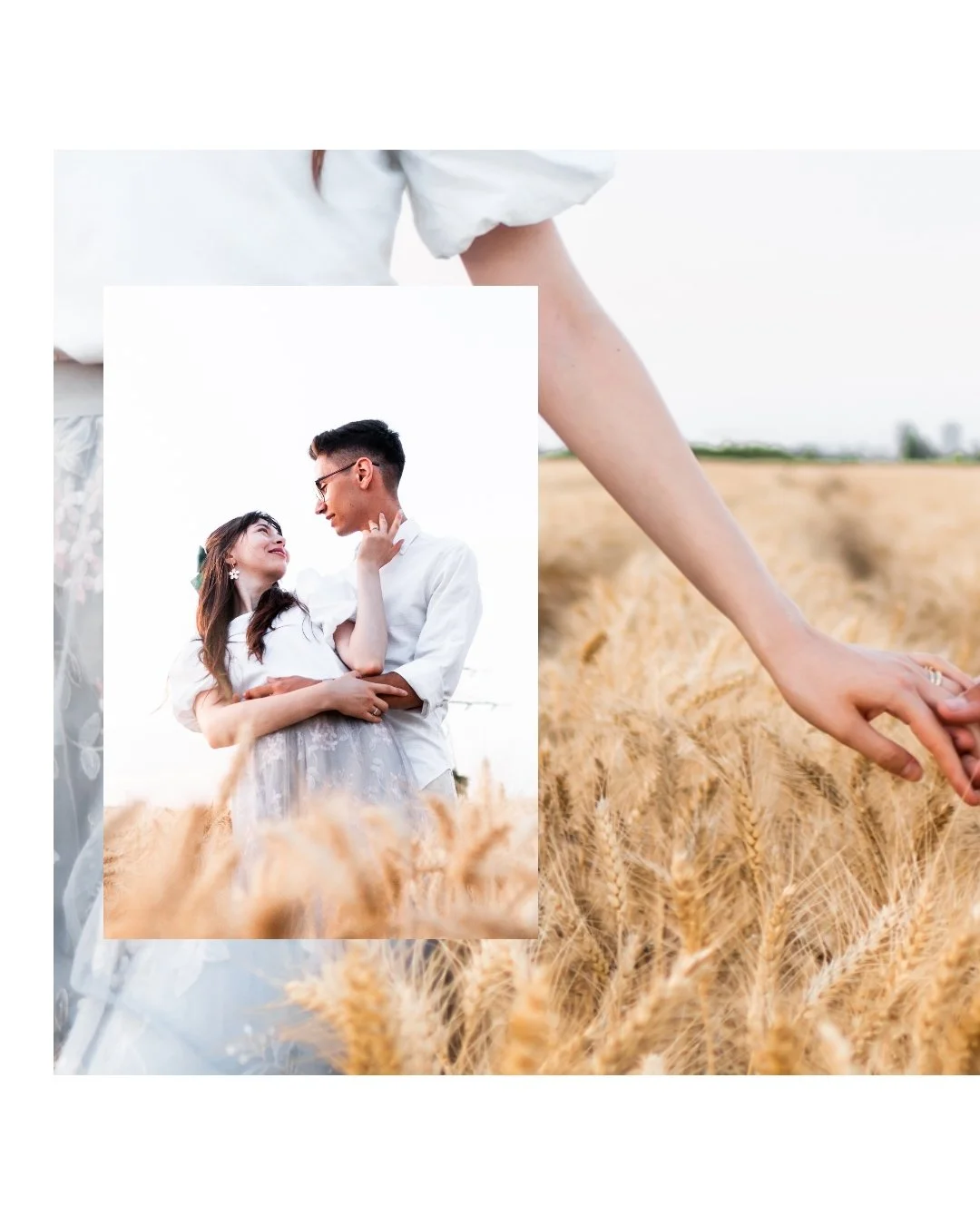 A couple holding hands in a wheat field, with an inset photo of them gazing at each other while standing close.