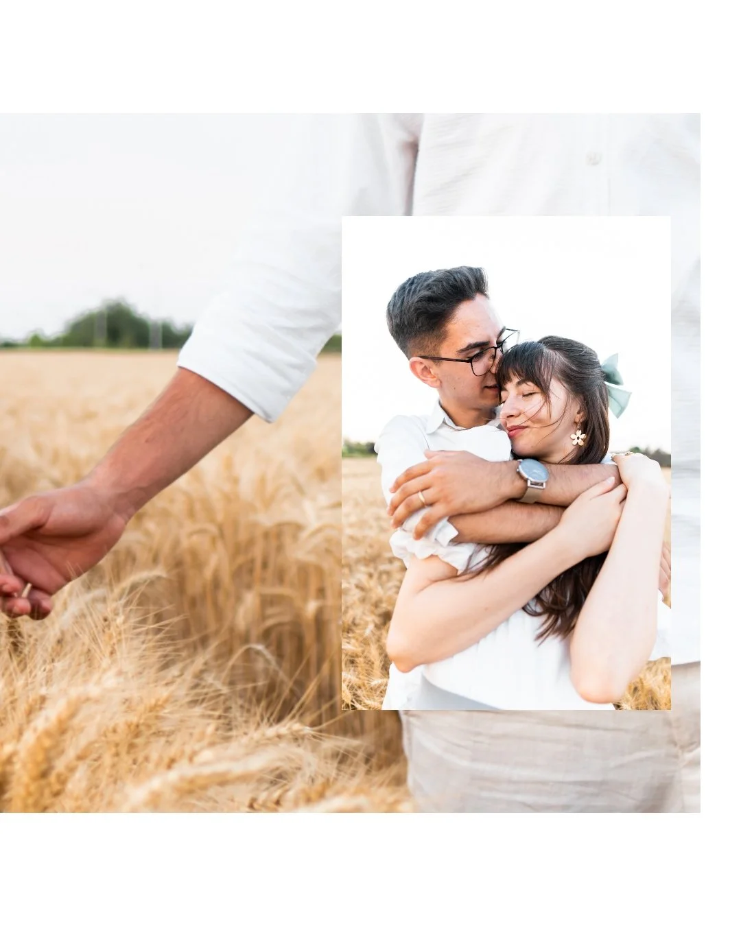 A couple hugging in a wheat field with a person holding hands in the foreground, cropped at the waist.