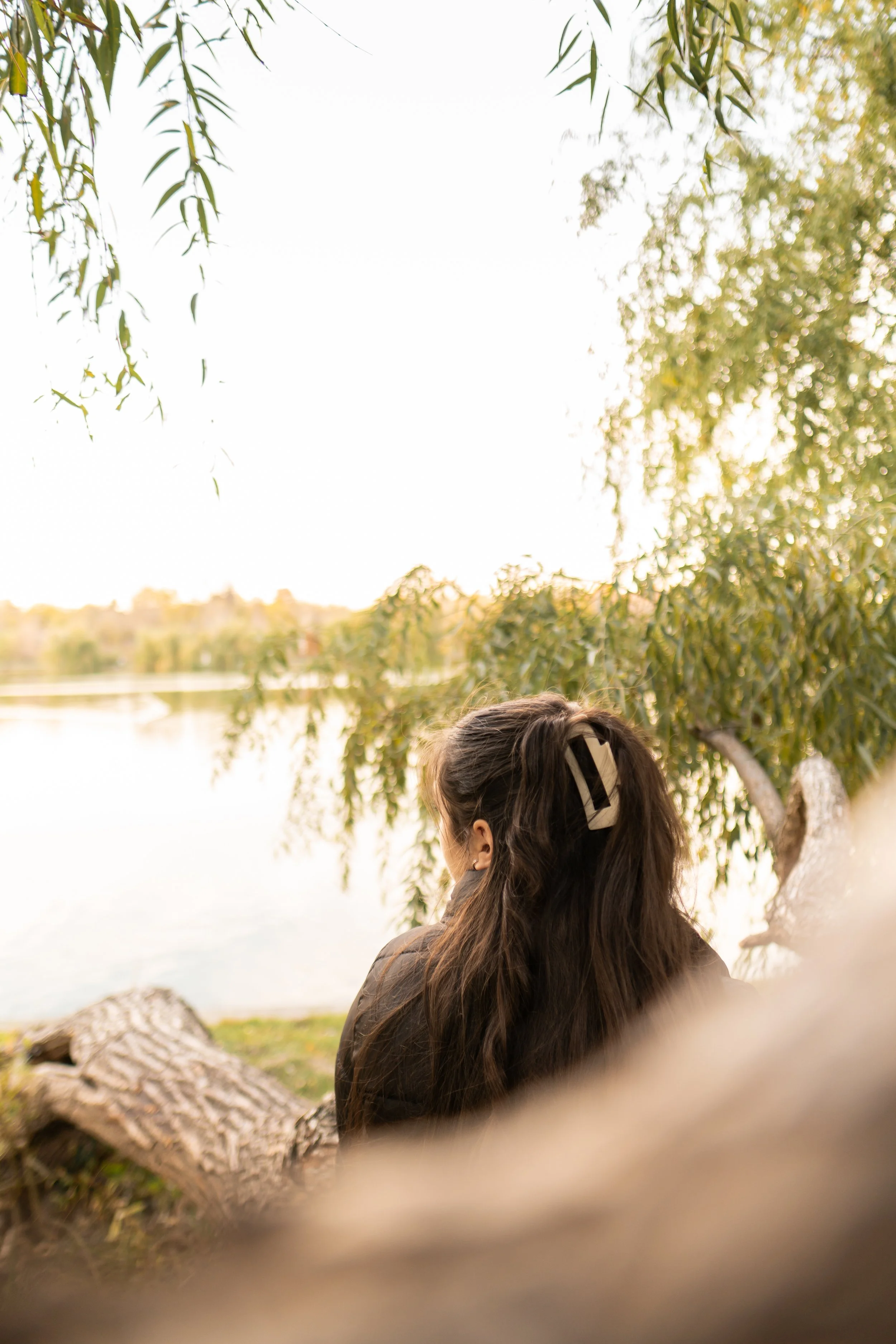 A woman with long brown hair secured with a large beige hair clip, sitting on a fallen tree trunk near a body of water, surrounded by green foliage and trees, during late afternoon or early evening.