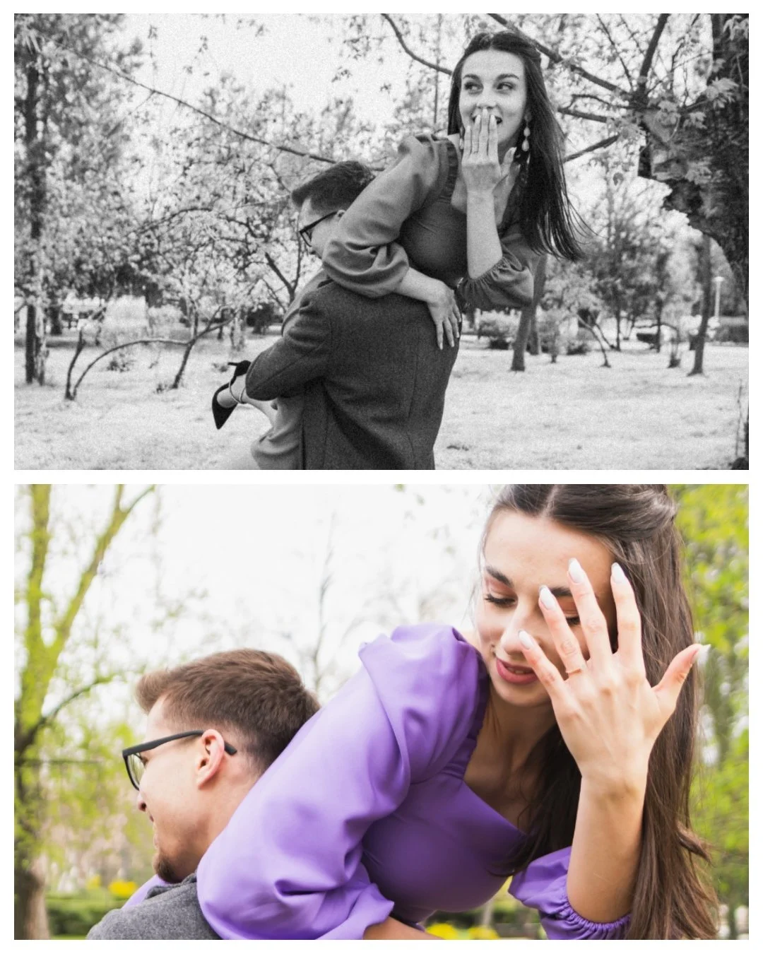 Two women with young men on their backs are outdoors in a park, smiling and laughing.