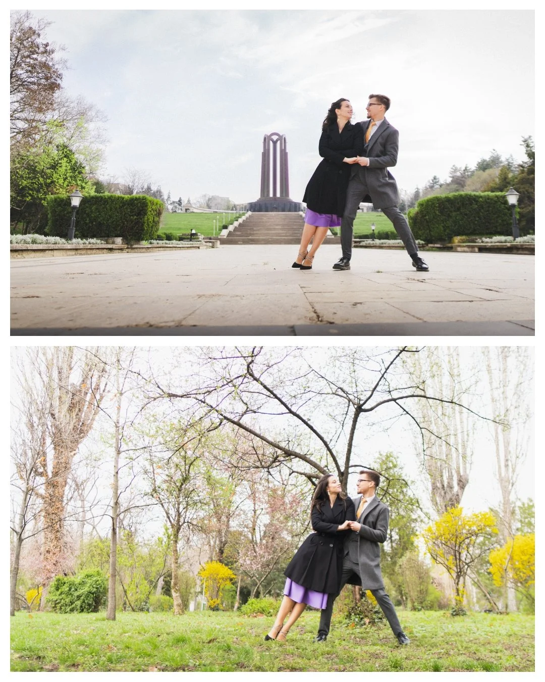 A couple dancing outdoors in a park, one wearing a black coat and purple dress, the other in a gray suit, with a monument in the background in the first image, and trees with fall foliage in the second.