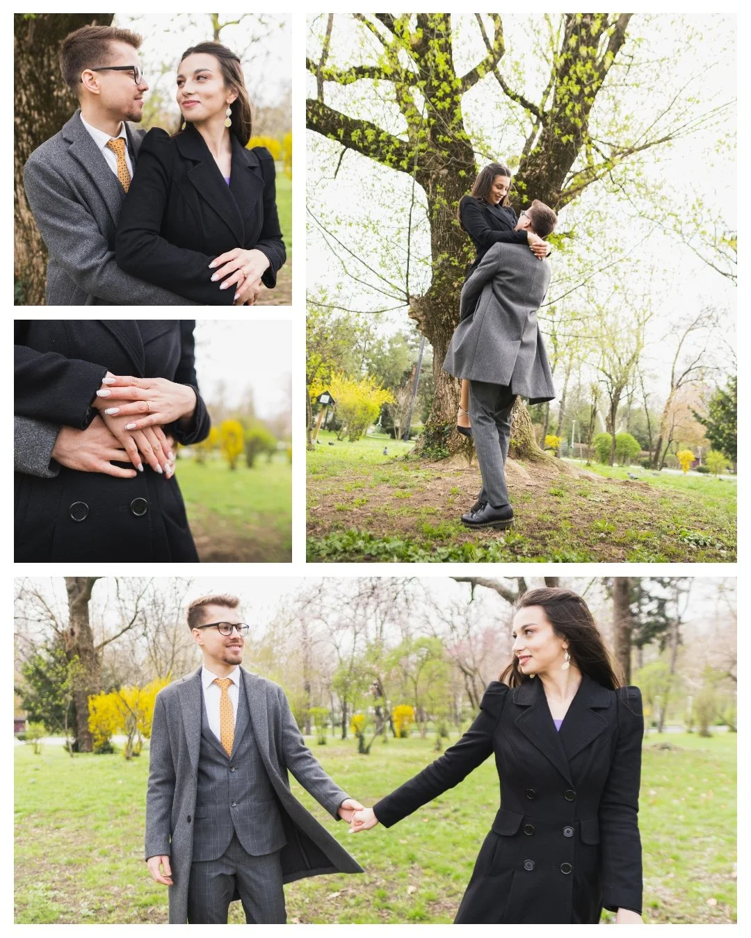 A couple dressed in formal attire enjoying a romantic moment outdoors in a park with trees and greenery, with the woman being lifted by the man, holding hands, and sharing intimate looks.