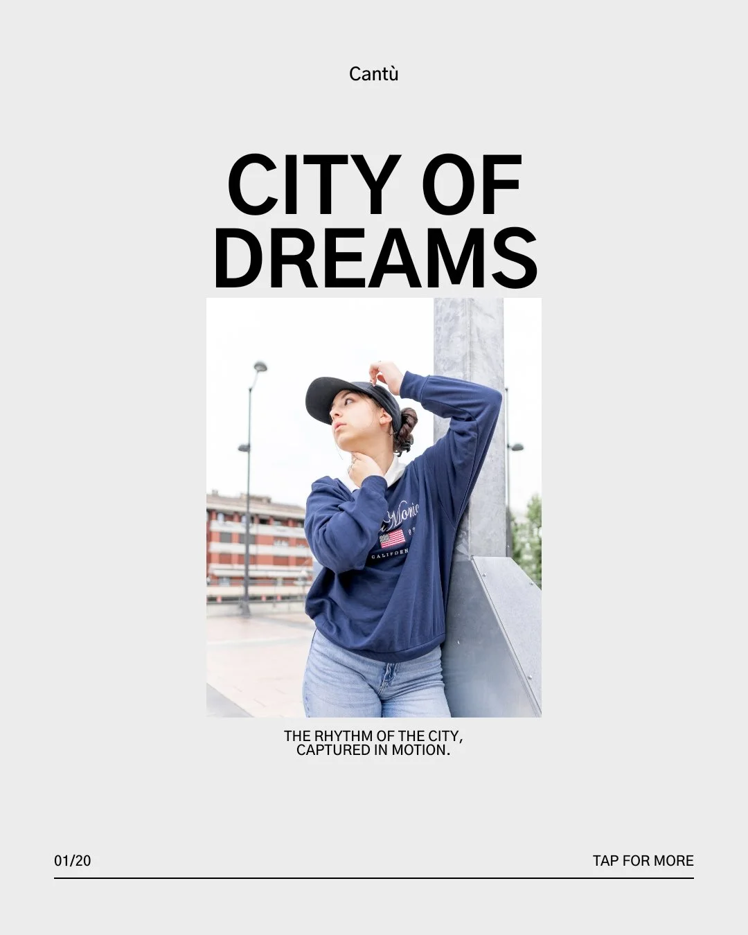 Cover page titled 'City of Dreams' with a photo of a woman in casual clothing posing outdoors near a concrete structure, with text 'The rhythm of the city, captured in motion.'
