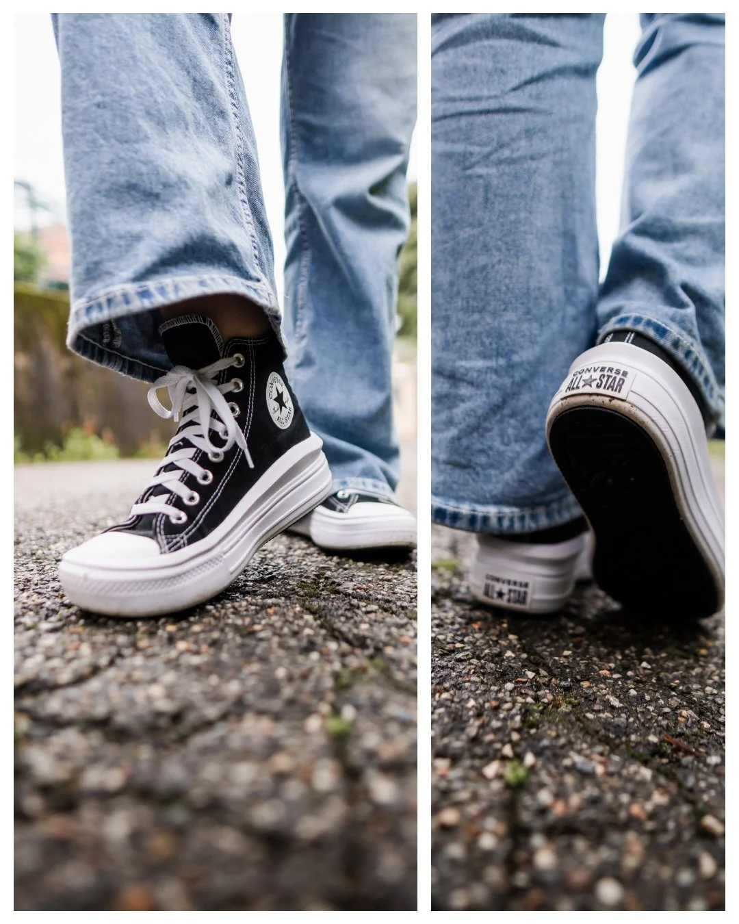 Close-up of a person wearing black and white Converse All Star sneakers and light blue jeans, standing on a gravel surface outdoors.