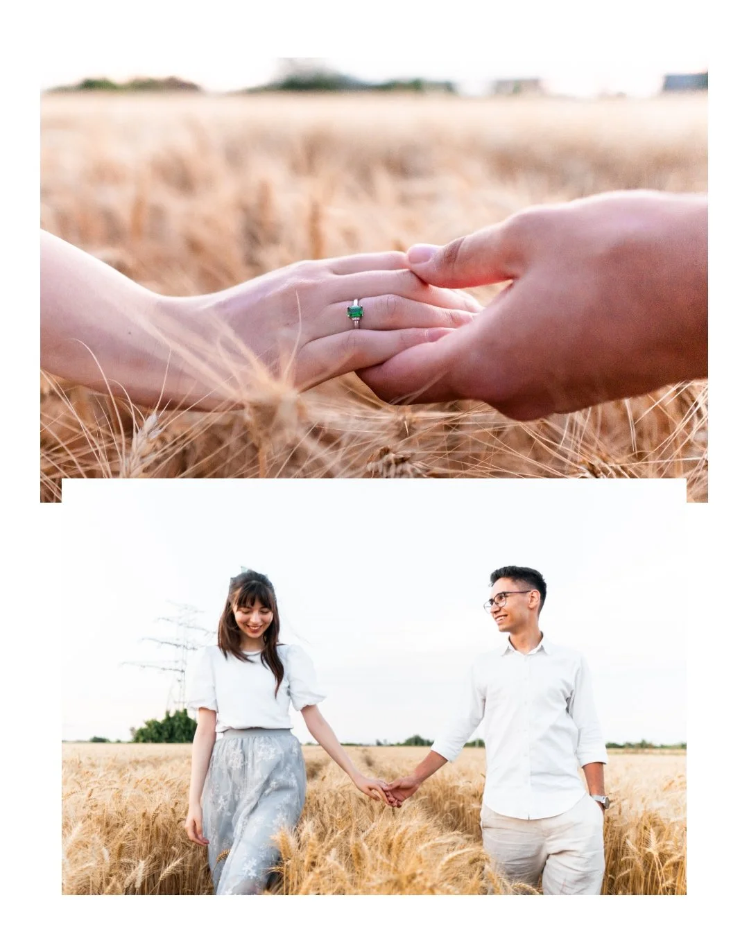 A couple holding hands in a wheat field, the woman wearing a ring, and both enjoying time outdoors on a sunny day.