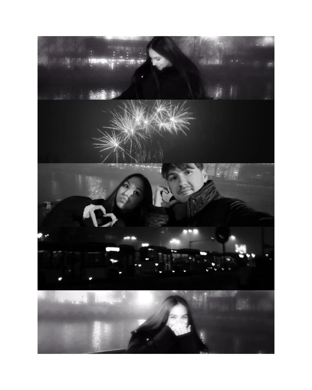 Black and white photo collage of two young women and a young man near a body of water, fireworks in the night sky, a bus station, and a girl covering her mouth while laughing.