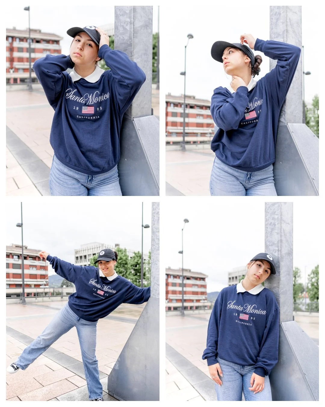 A collage of four images showing a young woman in a navy blue sweatshirt with "Santa Monica California" and an American flag on it, wearing light blue jeans, a black cap, and posing outdoors near a large metal sculpture on a city street with buildings, trees, and lamp posts in the background.
