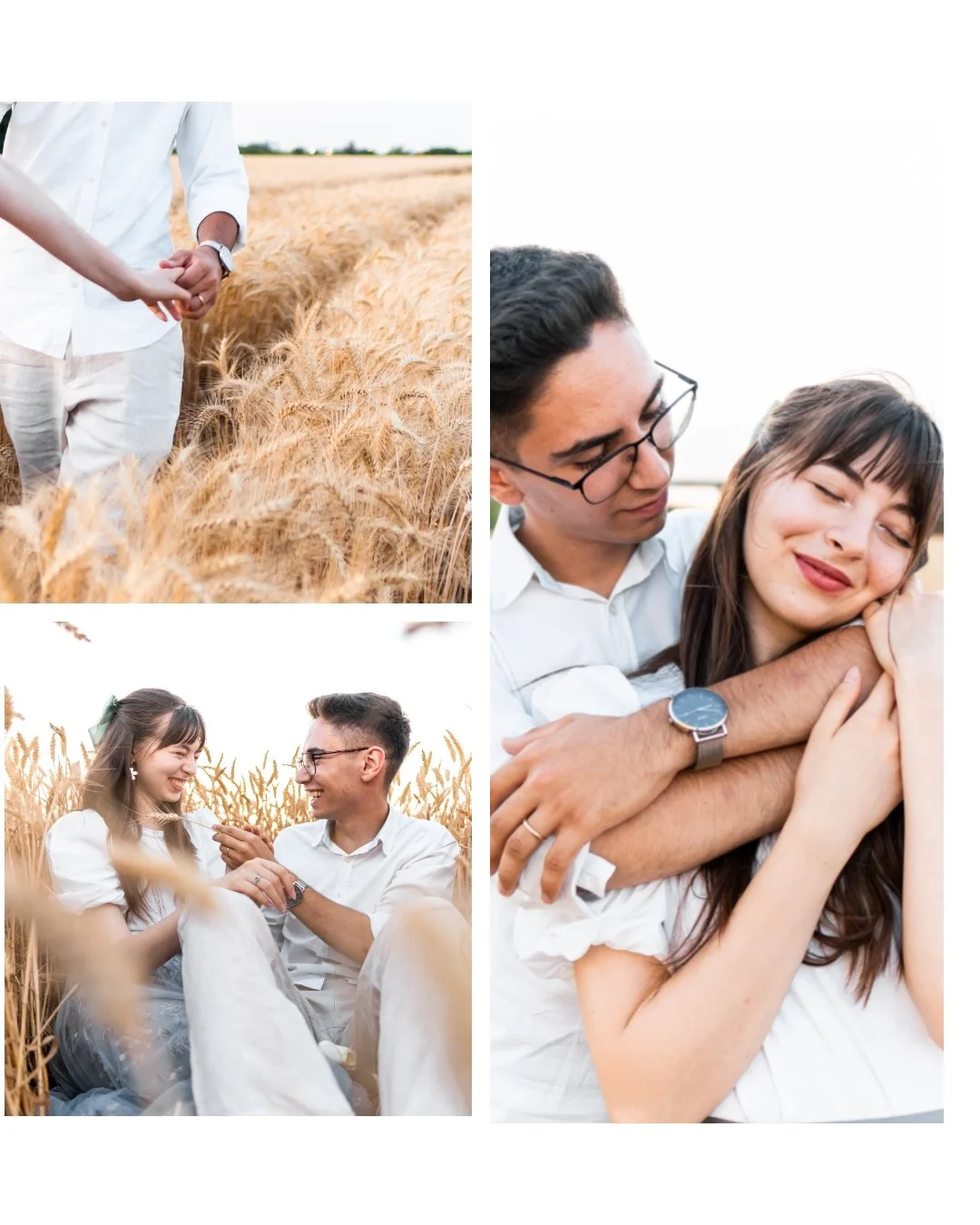 Group of young friends enjoying a day in a wheat field, holding hands, sitting on the ground, and hugging, during sunset.