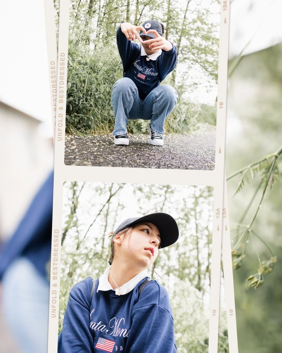 A photo strip featuring a young woman and a young man outdoors surrounded by trees. The young man is squatting, wearing a navy sweatshirt, jeans, sneakers, and a cap, making a peace sign with his hand. The young woman is sitting, wearing a navy sweatshirt, a white shirt underneath, a baseball cap, and carrying a backpack, looking to the side.