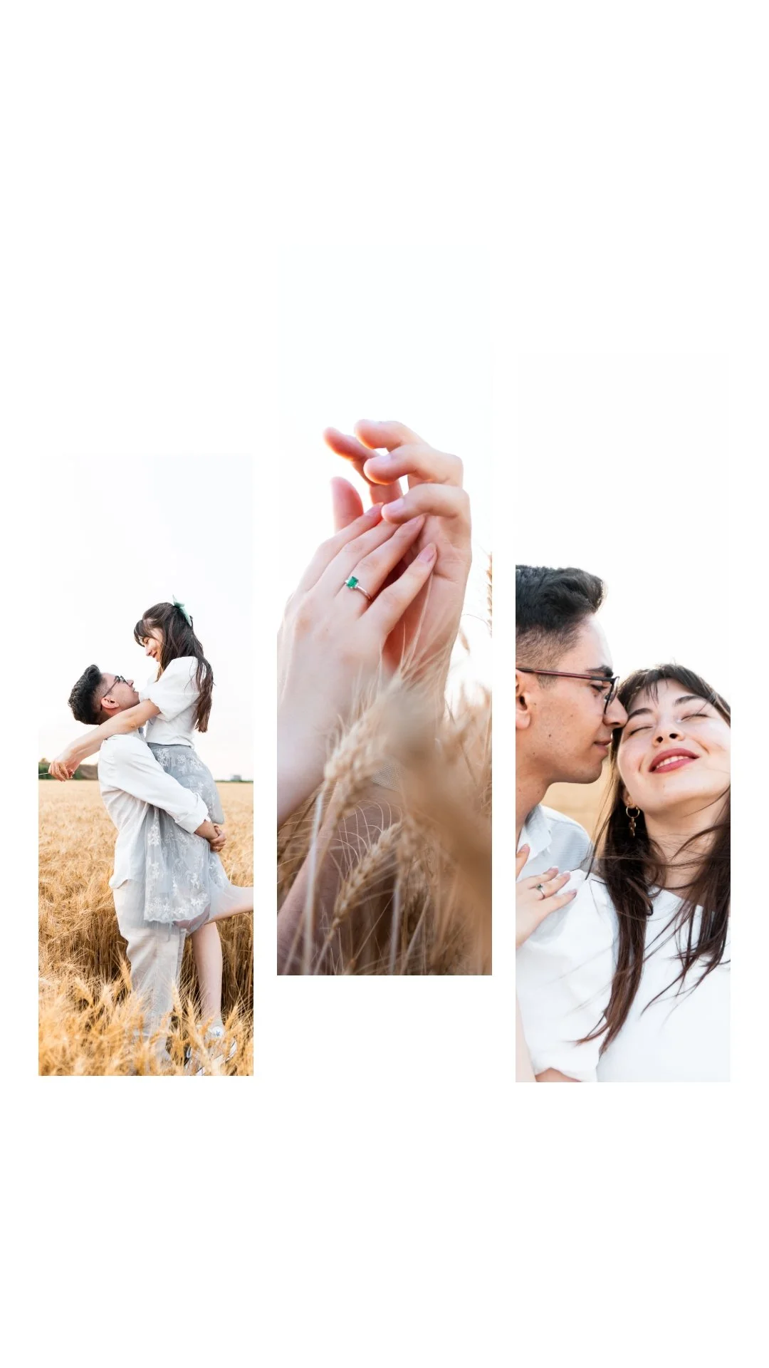 A collage of three photos of a couple in a field. The first shows the man lifting the woman, the second is a close-up of hands with a ring, and the third depicts the couple close together, smiling with eyes closed.
