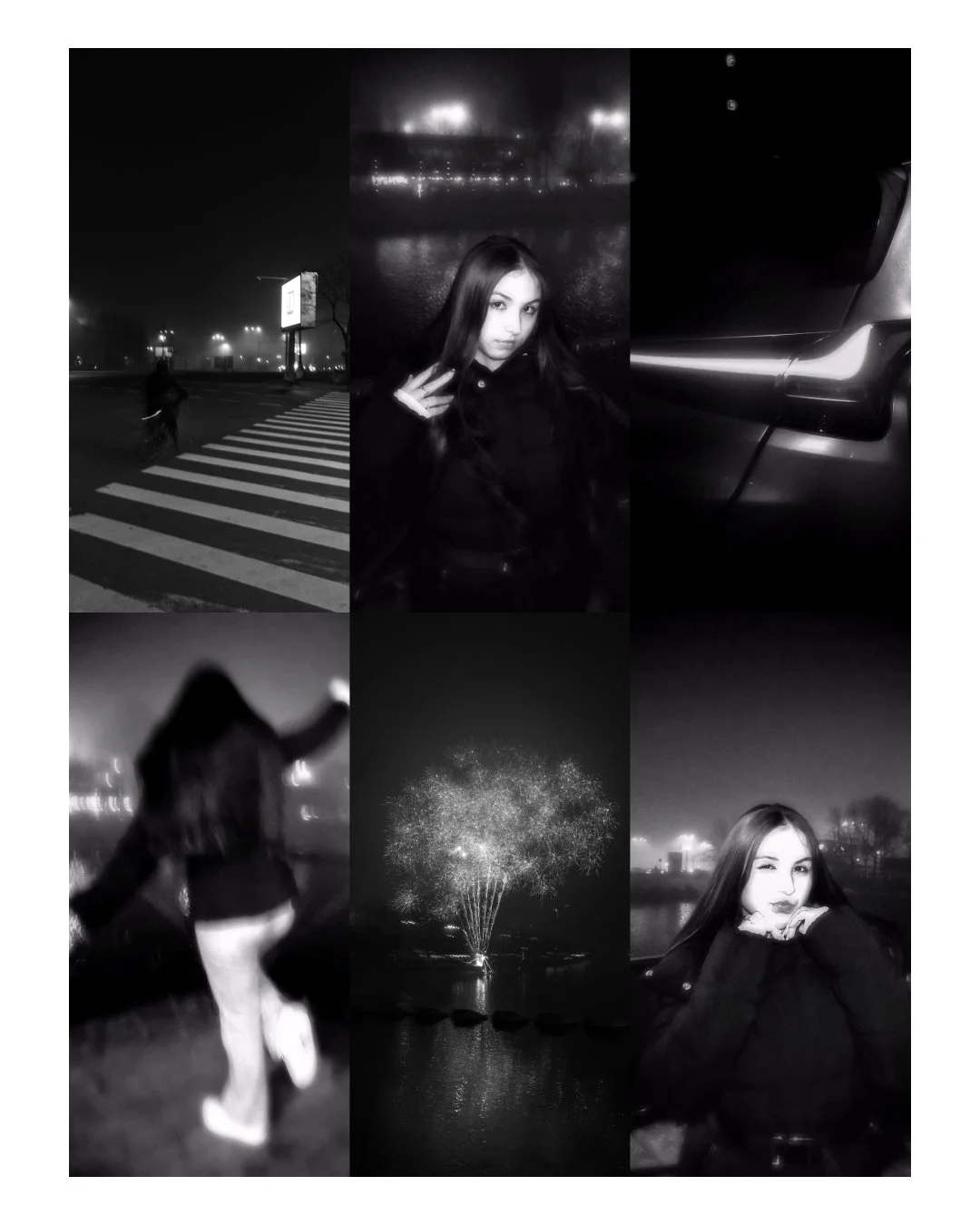 Collage of black and white photos featuring a young woman in different outdoor settings at night, including a crosswalk, a river with fireworks, and a close-up with city lights in the background. One photo shows fireworks over a body of water.