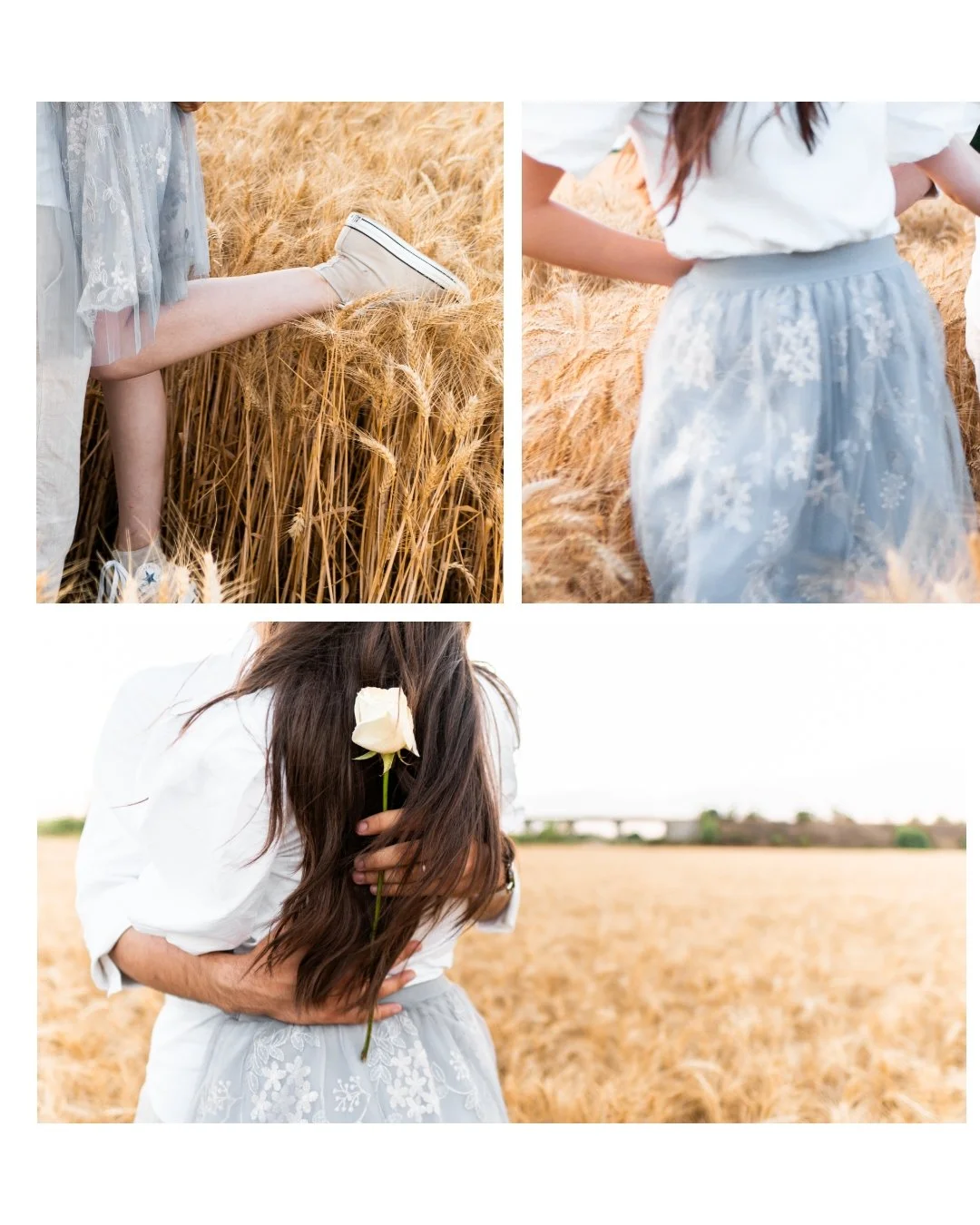 Collage of three photos featuring a woman and a girl in a wheat field. The girl is wearing a light blue floral skirt and white shoes, and has her foot raised on the wheat. The woman, also in a light blue floral skirt, has long brown hair and is holding a white rose, partially covering her face. The background shows a wheat field with a distant bridge.