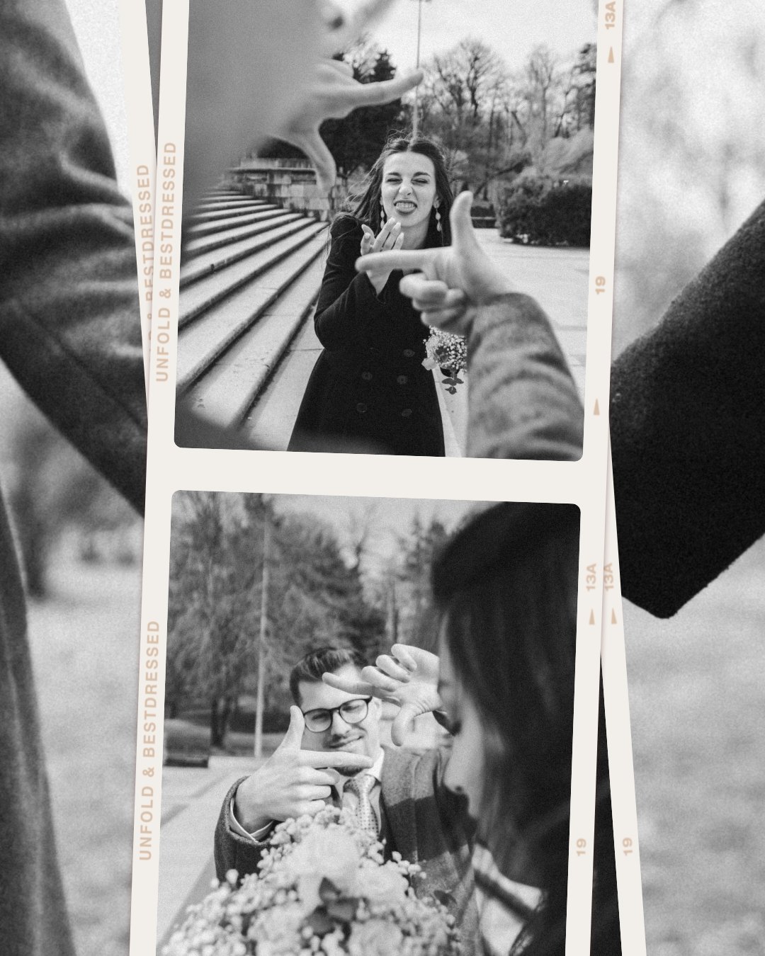 Black and white photo strip featuring two outdoor photos of people making playful hand gestures. In the top image, a woman with long hair and a dark coat smirks while sticking out her tongue as another person's hand frames her face. In the bottom image, a man with glasses and a checkered blazer points at the camera with both hands, with a woman in the foreground. The photos are taken in a park or wooded area.