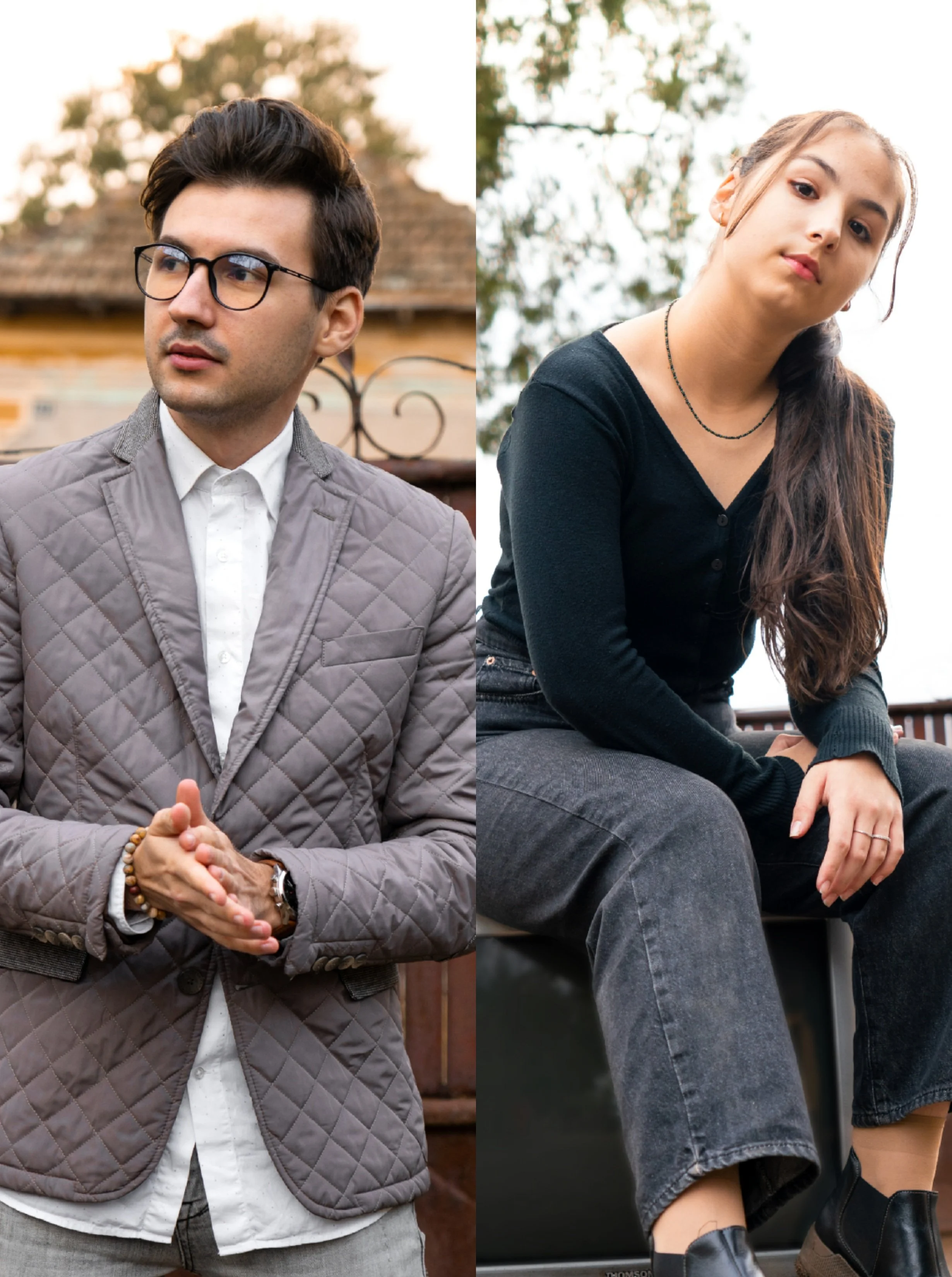 Split image of a young man on the left and a young woman on the right outdoors. The man has dark hair, glasses, and is wearing a gray quilted jacket over a white shirt, with his hands clasped. The woman has long brown hair, wearing a black top and gray jeans, sitting on a black chair. Both are in natural settings with trees and sky in the background.
