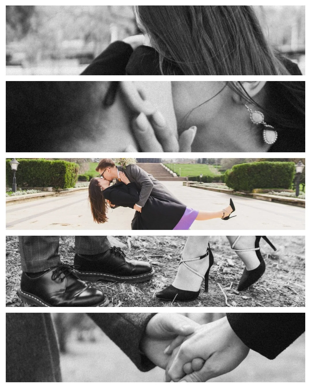 A collage of black and white and color photos showing romantic moments: a woman with long hair resting her head on her hands, a close-up of a couple kissing, a man lifting a woman in a romantic pose outdoors, close-up of a handshake, and a couple holding hands.