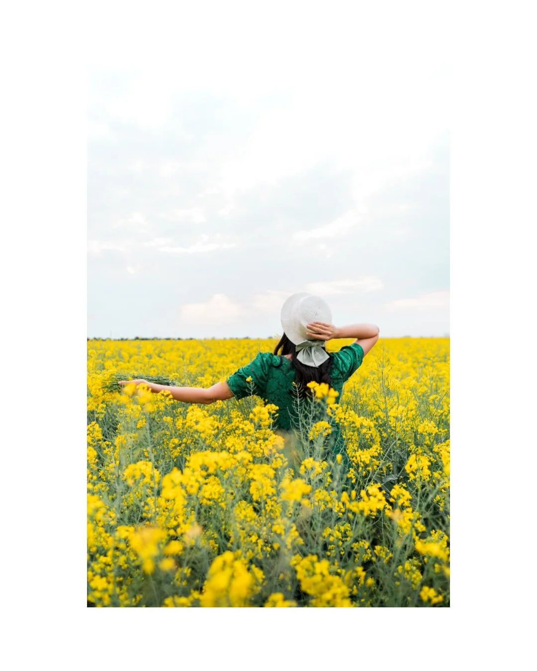 Person in a green dress and white sunhat standing in a yellow flower field, facing away, holding their hat with one hand.