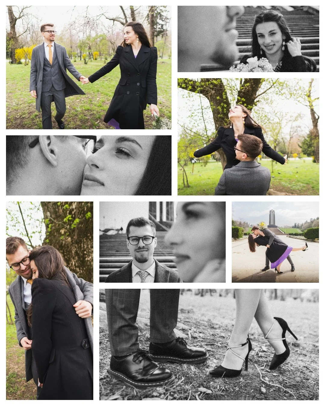Collage of romantic and playful moments of couples outdoors in a park, showing them holding hands, embracing, kissing, dancing, and standing close, with some black and white and color photos.