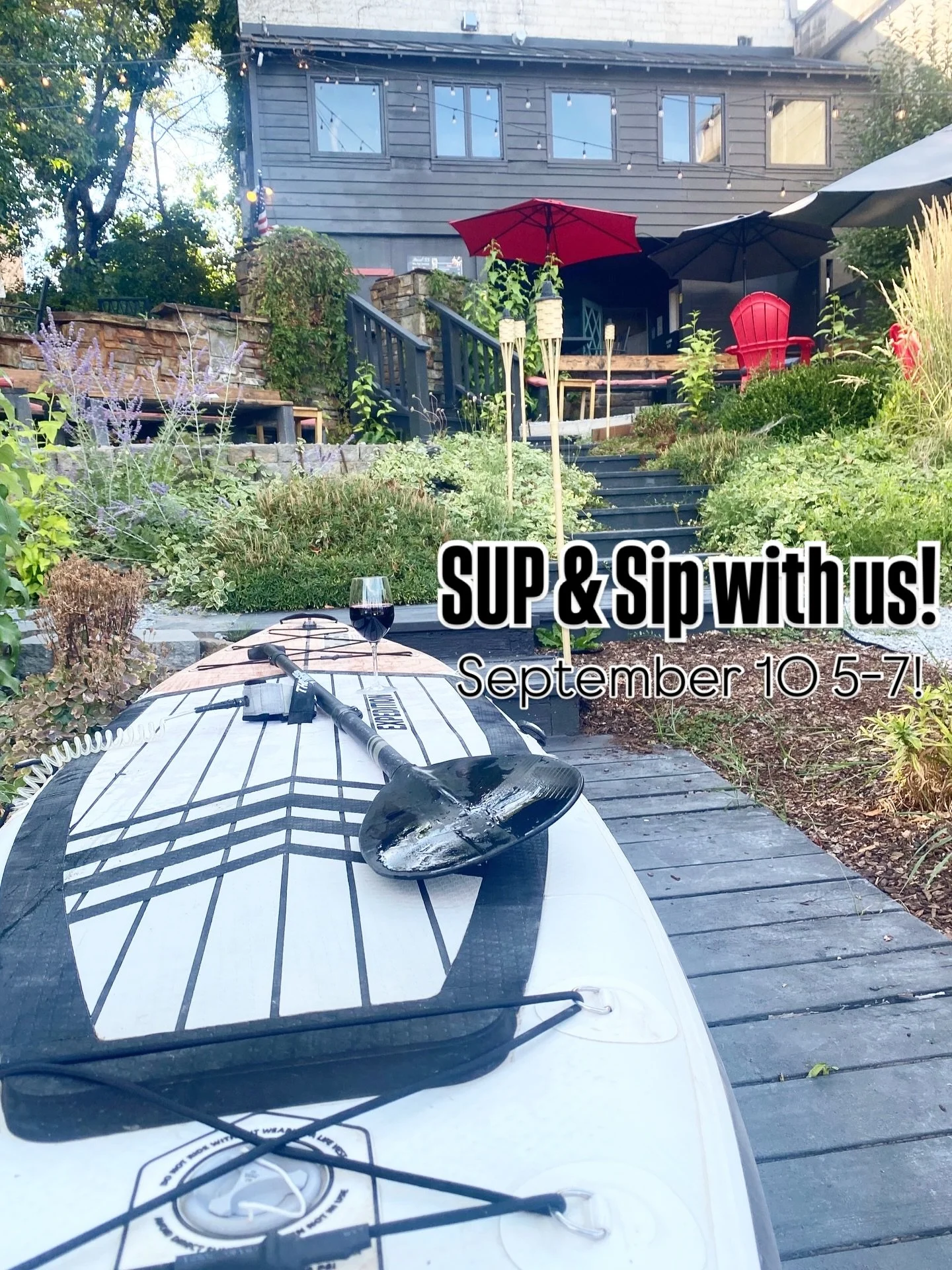 🍷🧘‍♀️ SUP & SIP with us!🏄‍♂️✨
Join us September 10 from 5–7 PM for an evening of paddling, sipping, and unwinding!
Bring your own board and enjoy a drink on the water, or kick back on our waterfront patio with your free drink +