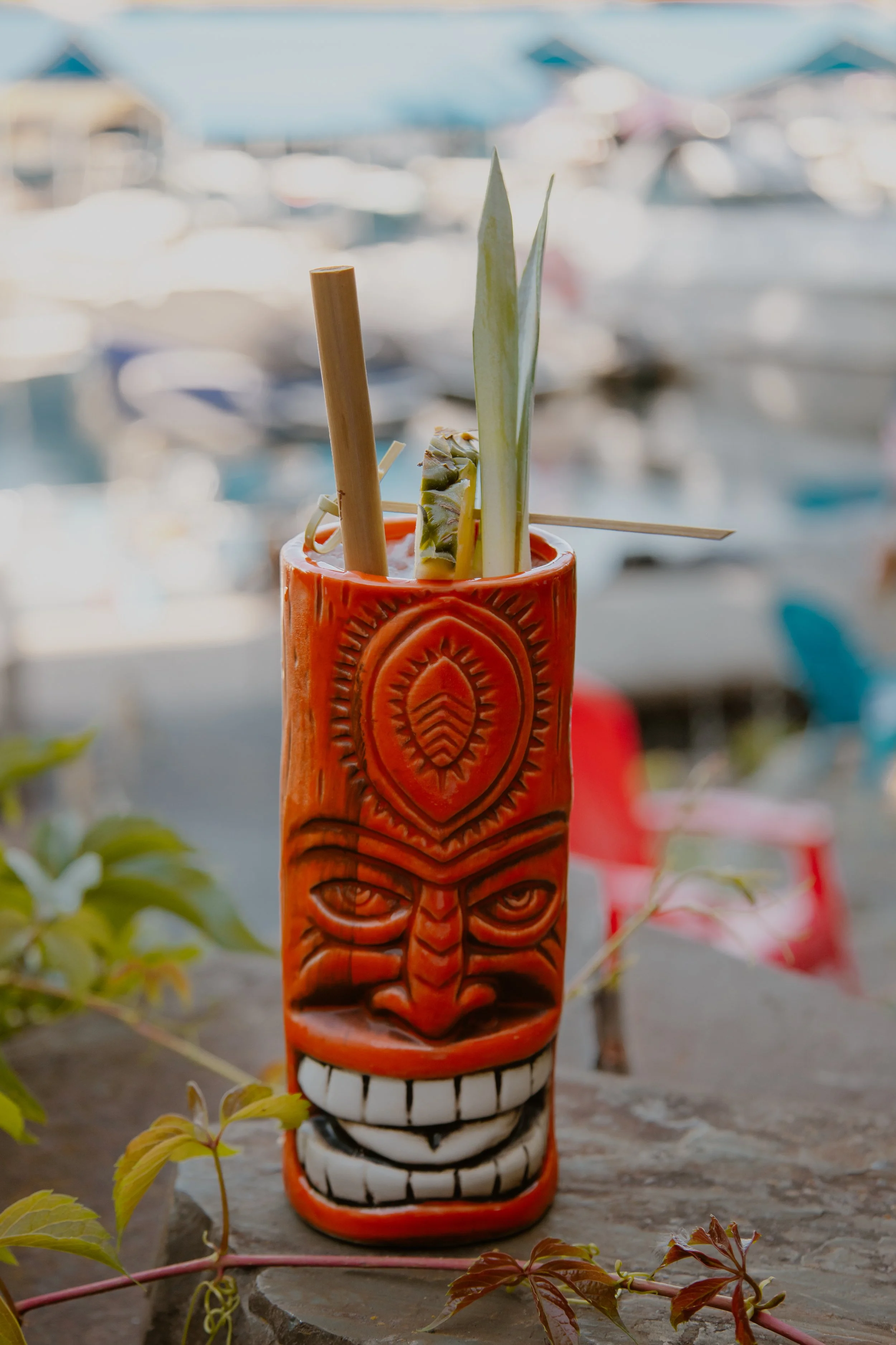 Tiki inspired cocktail in a tiki bar mug