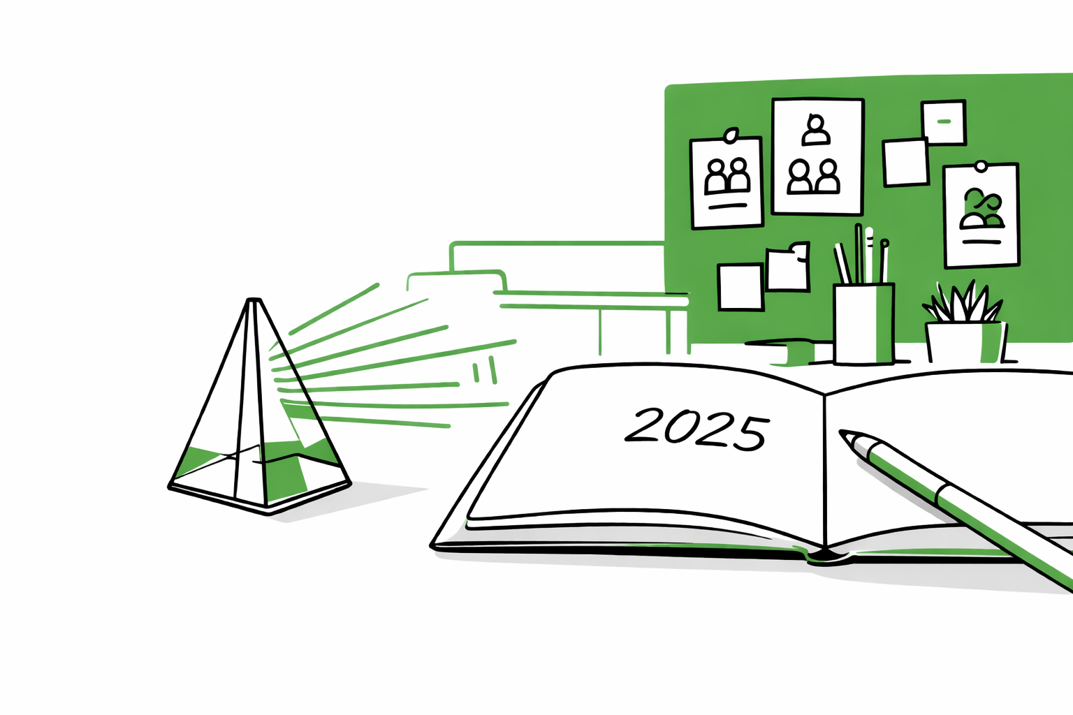 A minimalist workspace illustration with KINTAL Green accents featuring a prism refracting light, a pen, and an open notebook marked 2025.