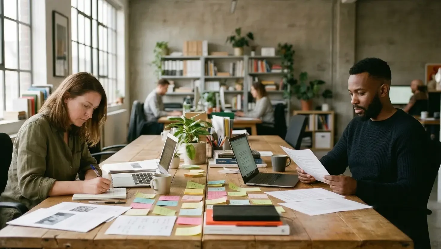 Two people reviewing documents and notes at a desk in a creative workspace, with laptops open in the background
