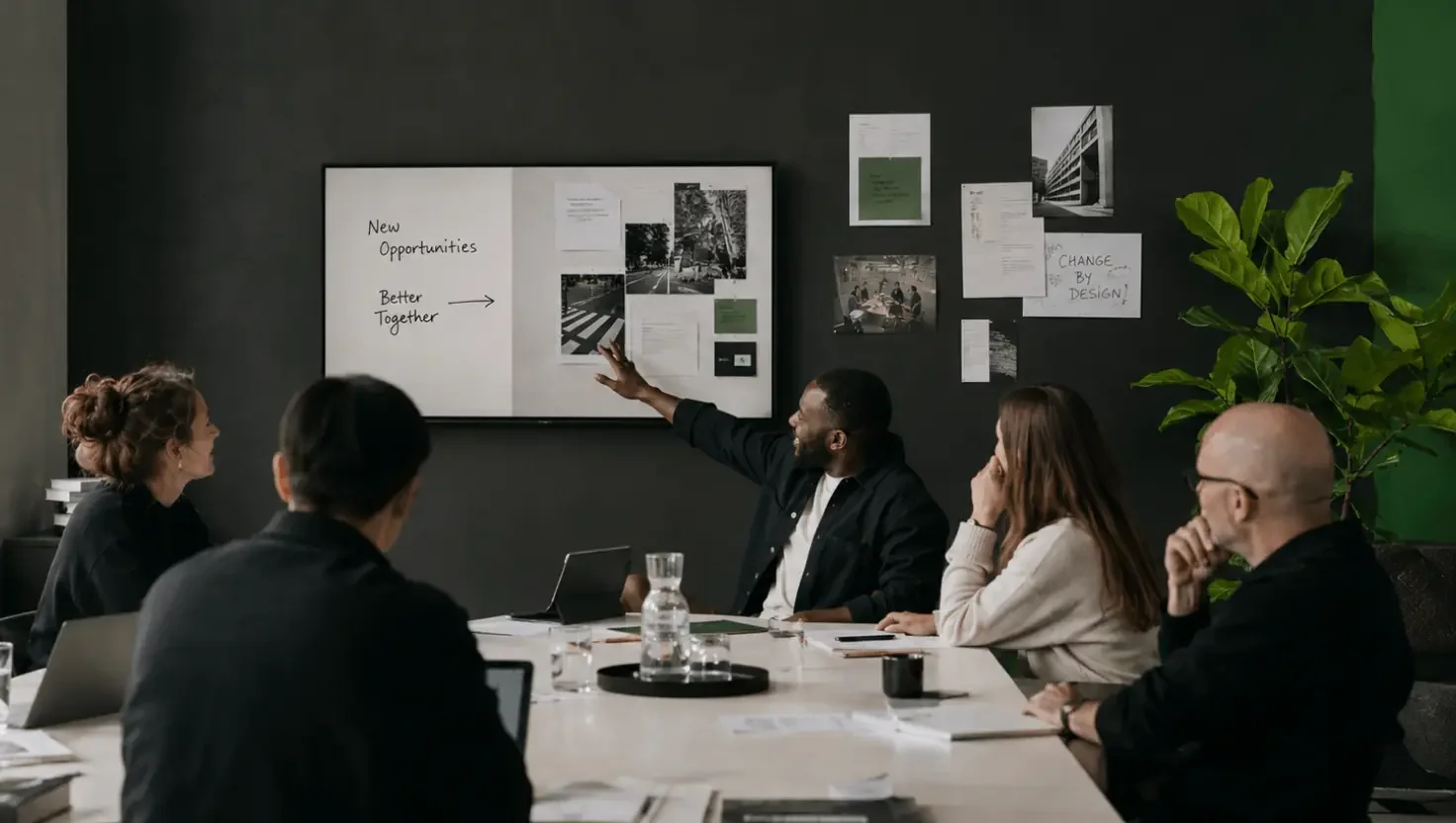 "A creative team gathered around a table, one person gesturing toward a screen showing a moodboard, others watching with engaged expressions.