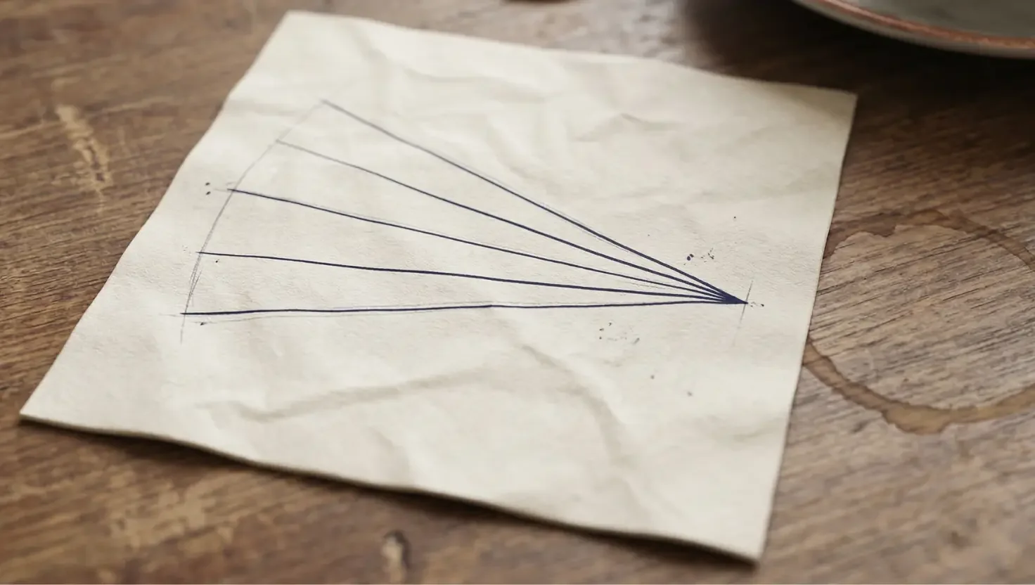 Five lines drawn on a paper napkin converging to a single point, resting on a wooden table with a coffee ring — illustrating AI creative convergence testing by KINTAL