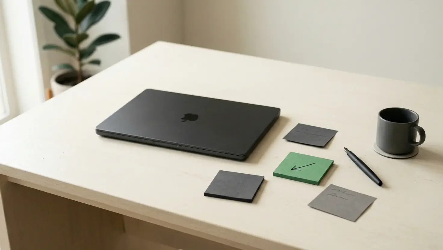 A closed laptop on a light wooden desk with scattered dark sticky notes and one green sticky note with a hand-drawn arrow, alongside a pen and coffee cup.