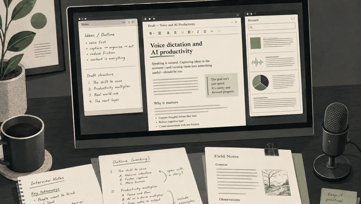 Editorial illustration of a focused desk workspace with overlapping documents, browser windows and a small microphone, representing voice dictation and AI productivity tools.