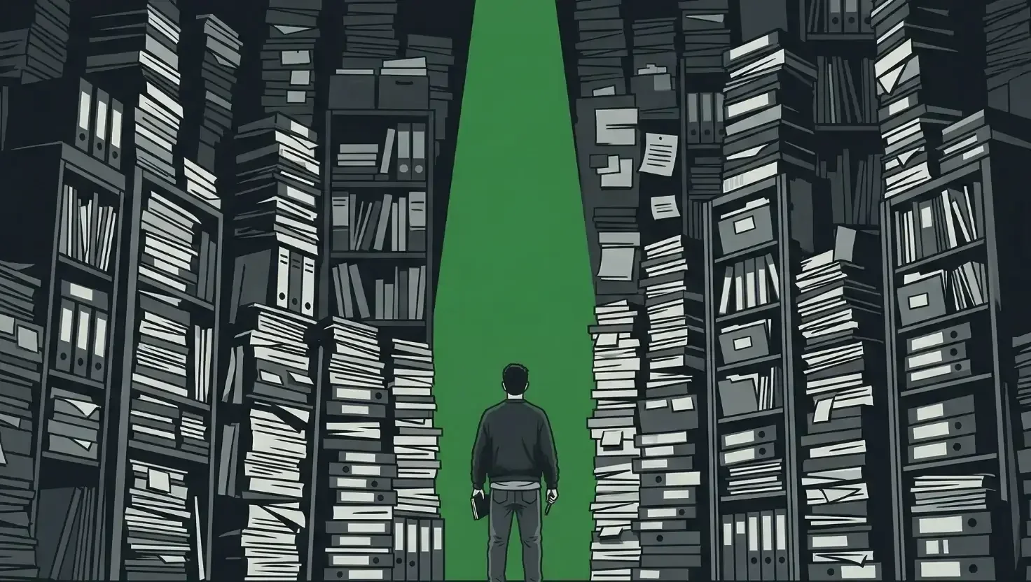 A lone figure stands between towering stacks of official documents and filing cabinets, illuminated by a single beam of green light from above.