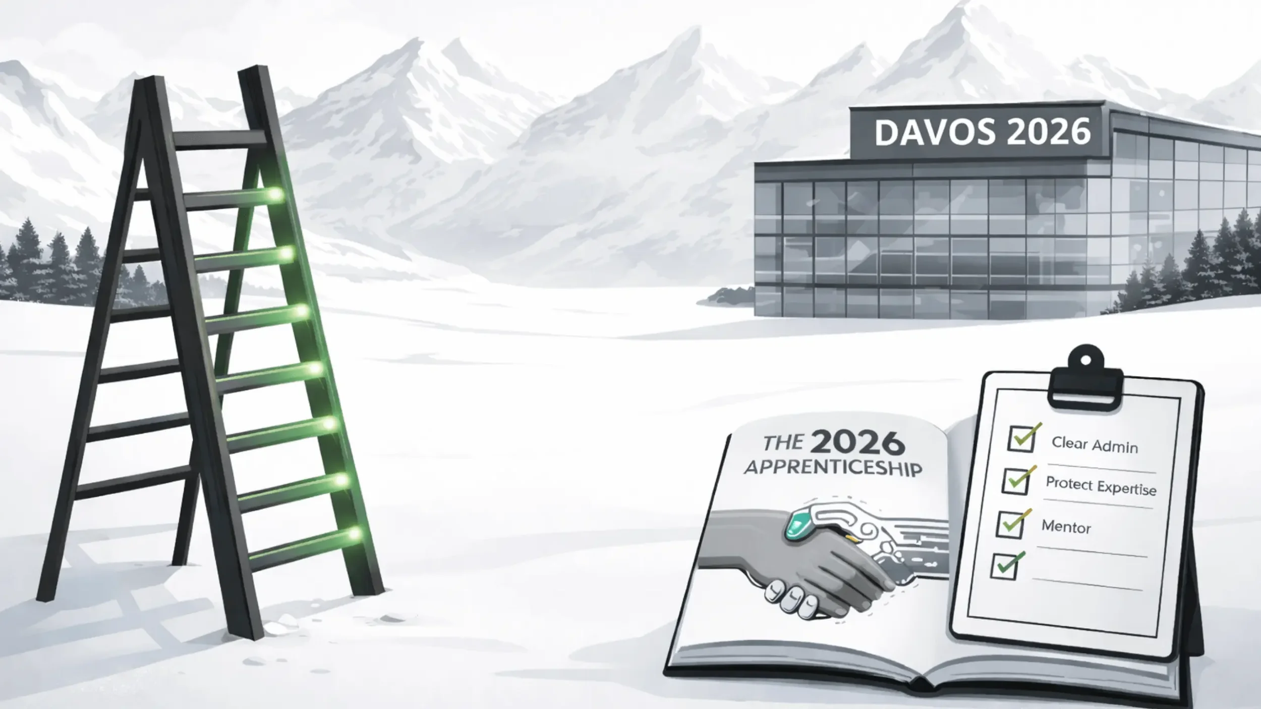 A professional illustration of a senior leader and a junior apprentice rebuilding a wooden ladder with golden rungs at Davos 2026. AI handles the admin to make space for human mentorship.