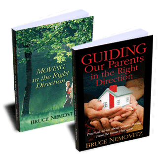 Two books, one titled "Moving in the Right Direction" with a green foliage background, and the other titled "Guiding Our Parents in the Right Direction" showing hands holding a small house.
