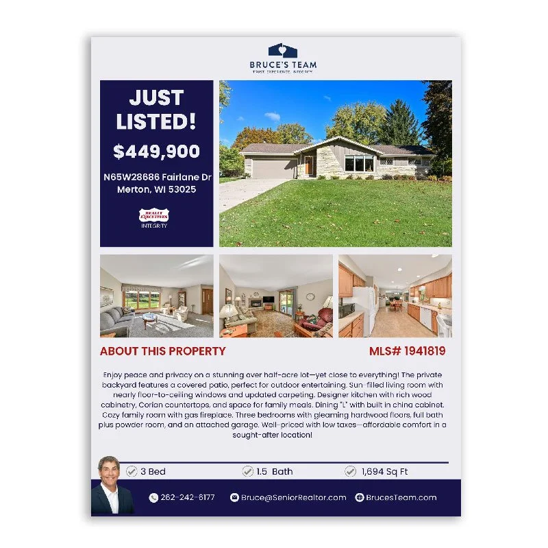 Real estate listing flyer for a house at N65W28686 Fairlane Dr, Merton, WI, priced at $449,900. Features photos of the house's exterior and interior, including living rooms and kitchen, with details about the property size, bedrooms, bathrooms, and contact information for the realtor.