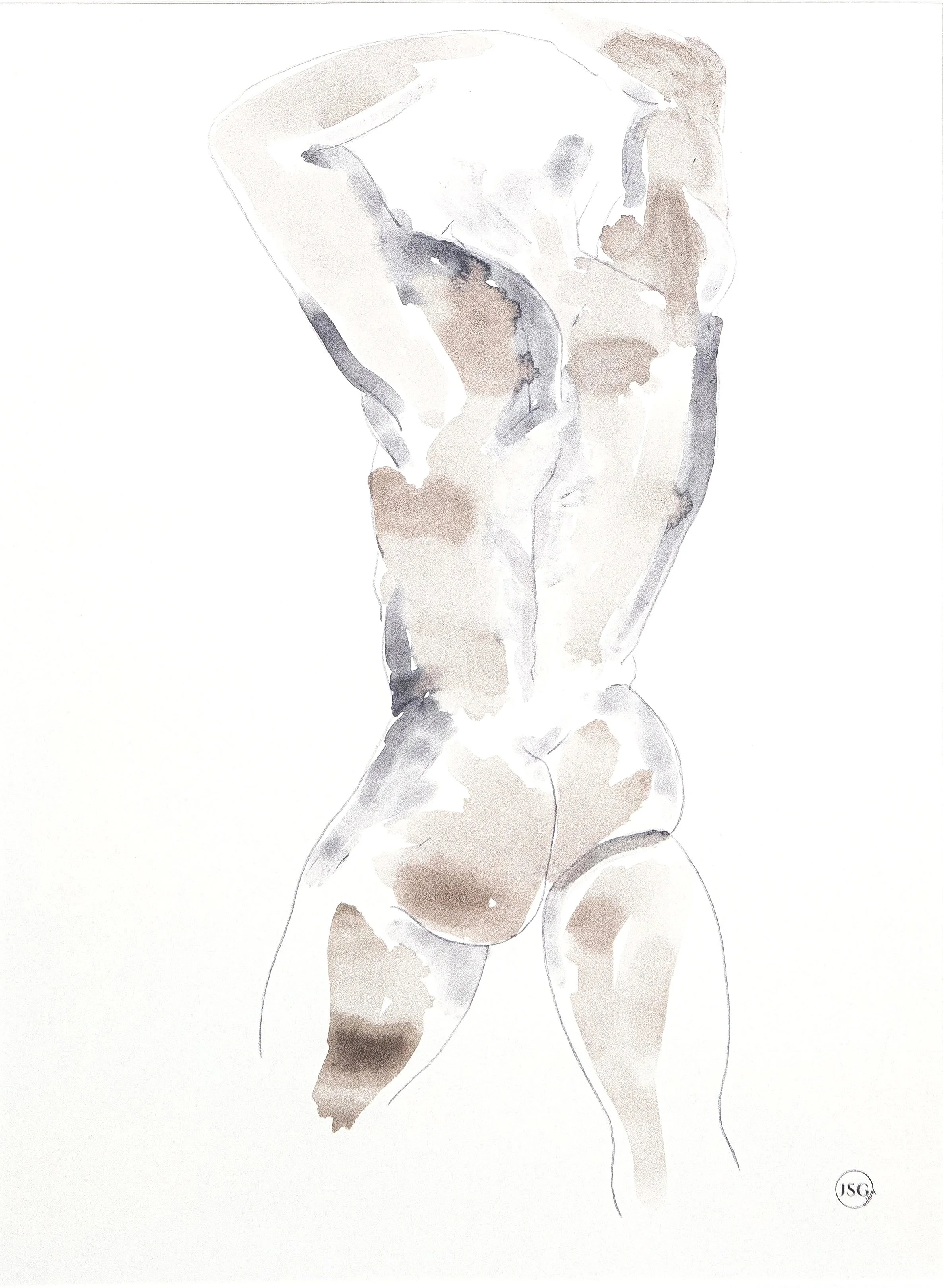 Watercolor painting of a nude male figure from the back, with arms raised behind his head.