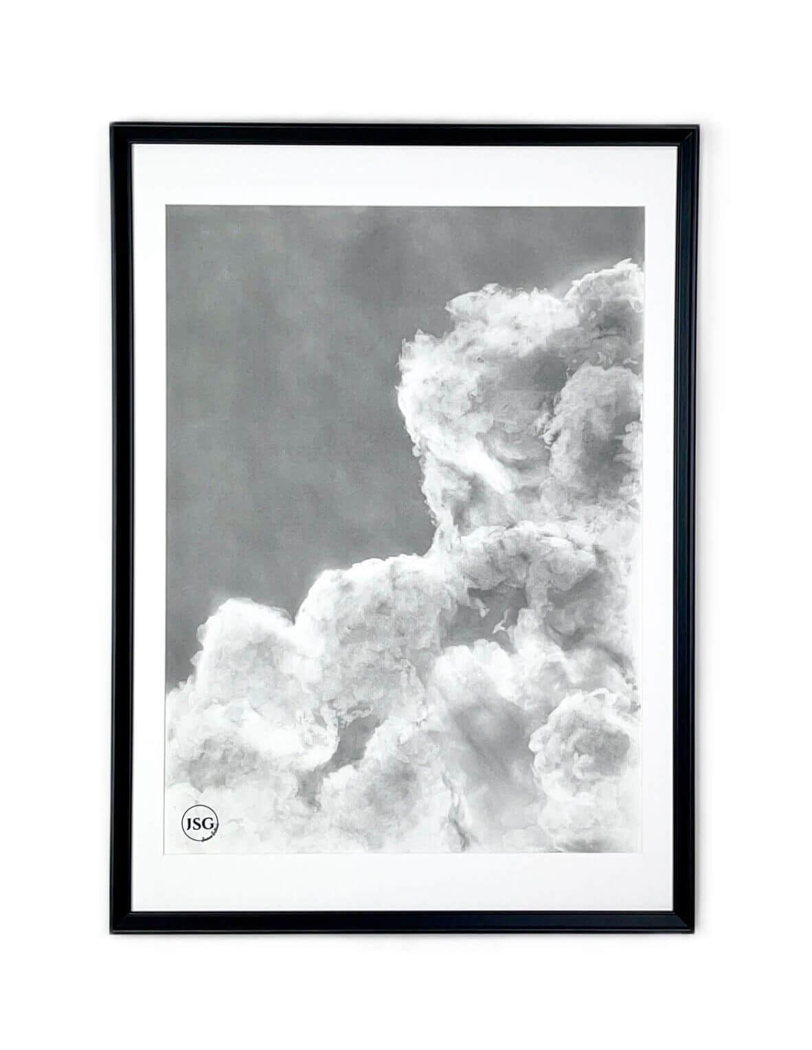 Black and white photograph of clouds in the sky framed in black with a white mat.