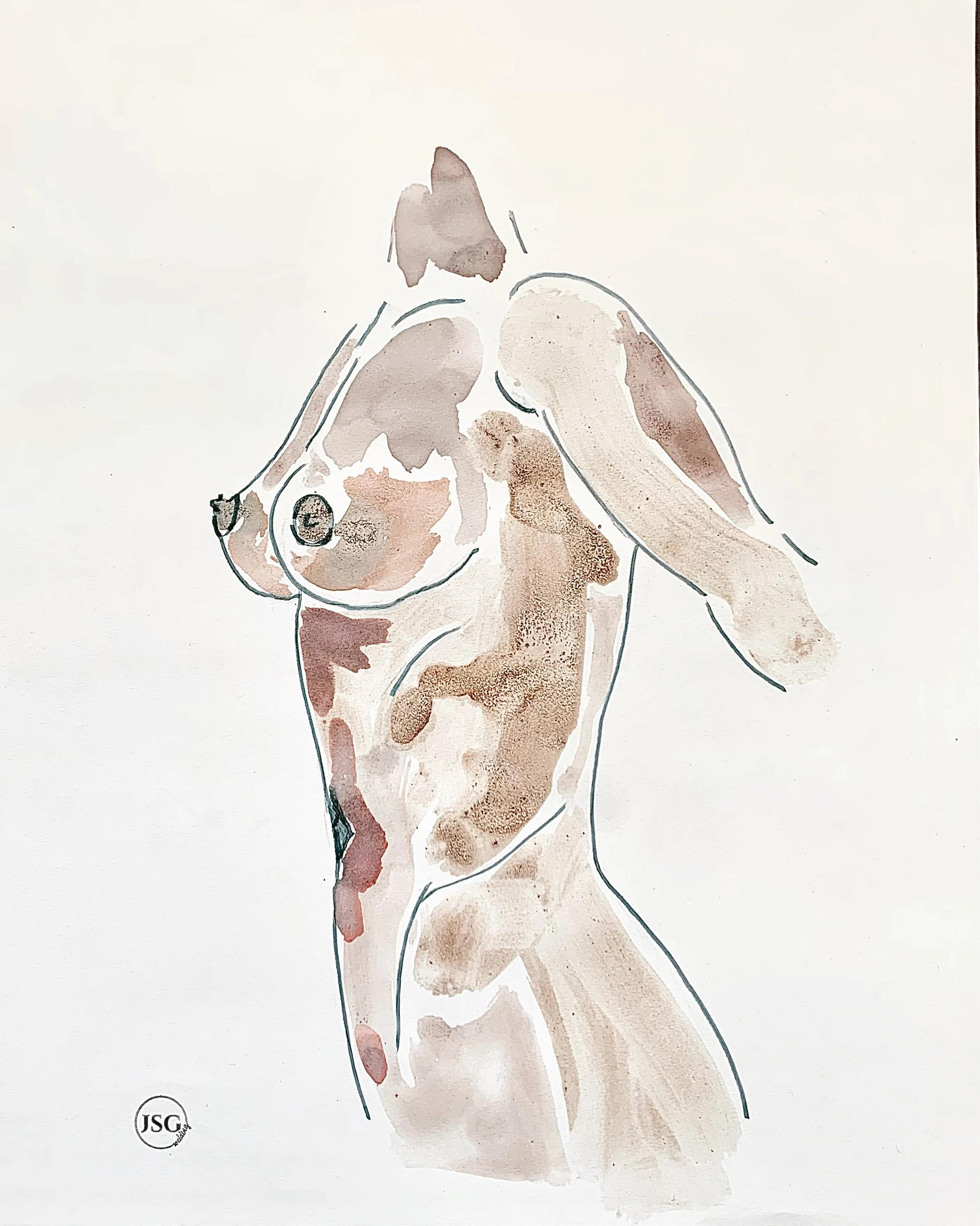 Watercolor painting of a nude male figure from the back, with arms raised behind his head.