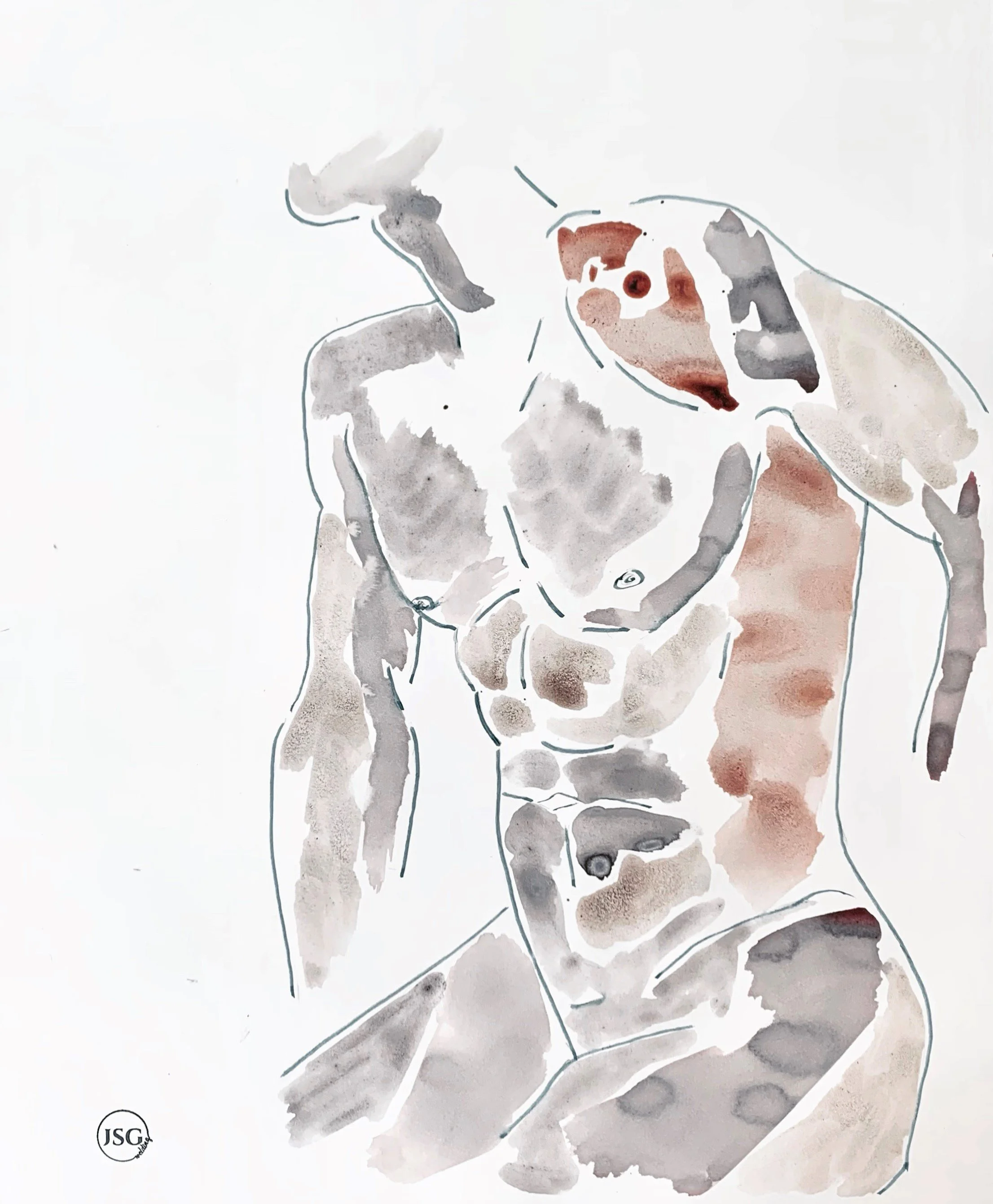 A minimalist watercolor illustration of a nude woman with long, wavy hair, covering her face with one hand, with her back partially turned and her head tilted down.