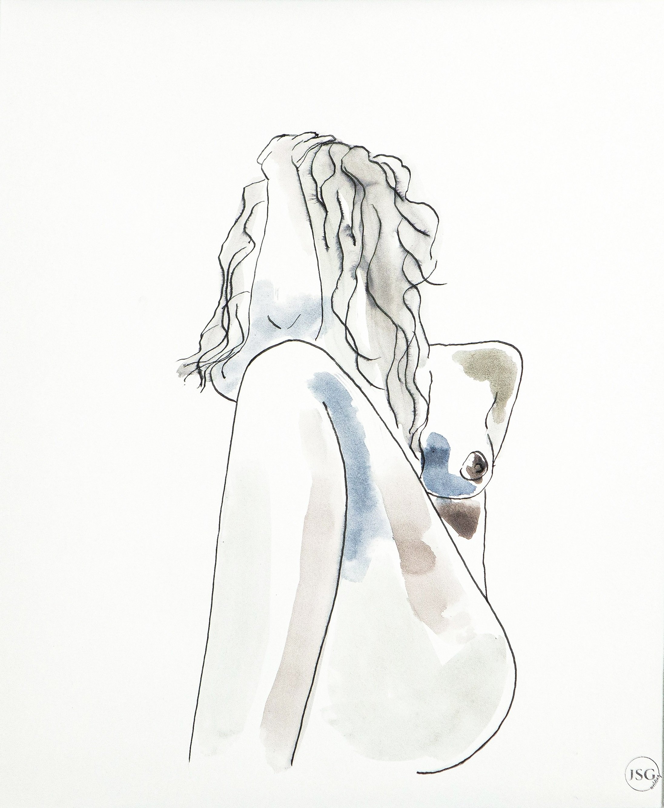 A minimalist watercolor illustration of a nude woman with long, wavy hair, covering her face with one hand, with her back partially turned and her head tilted down.