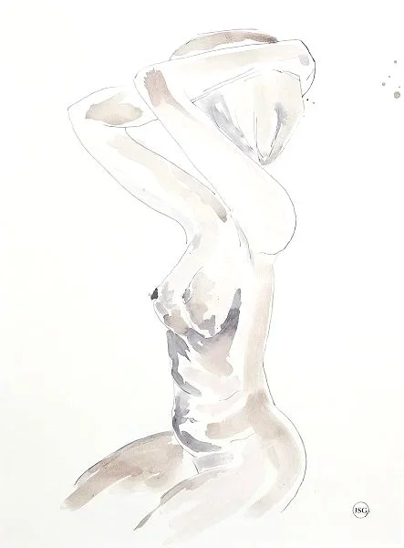 Watercolor illustration of a nude woman with her arms raised behind her head.