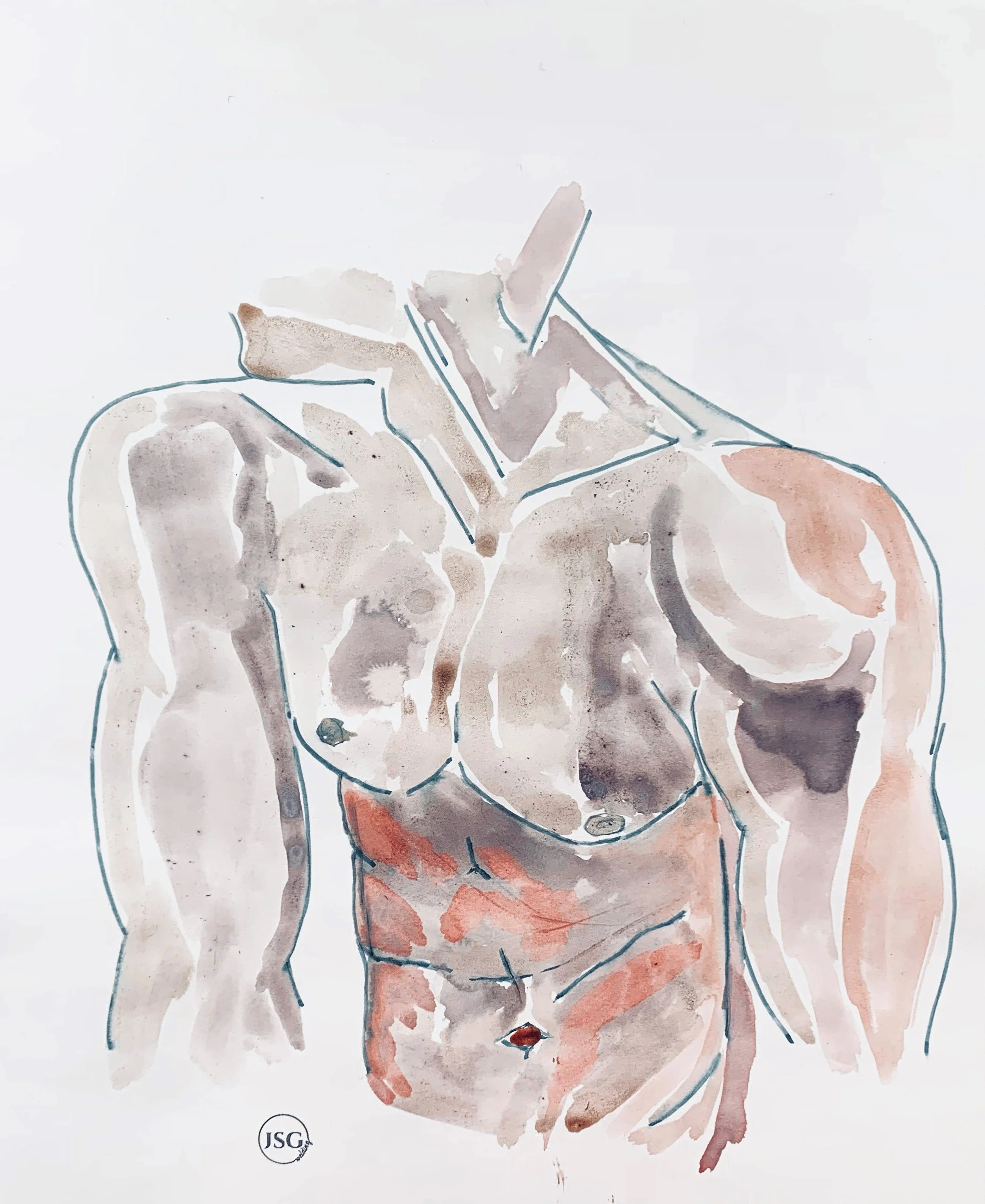 Watercolor illustration of a nude woman with her arms raised behind her head.