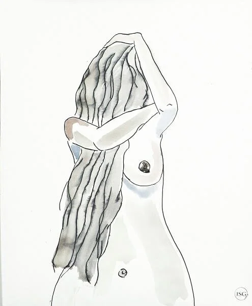 A minimalist sketch of a nude woman with long, wavy hair covering her face, holding her hair with one hand.