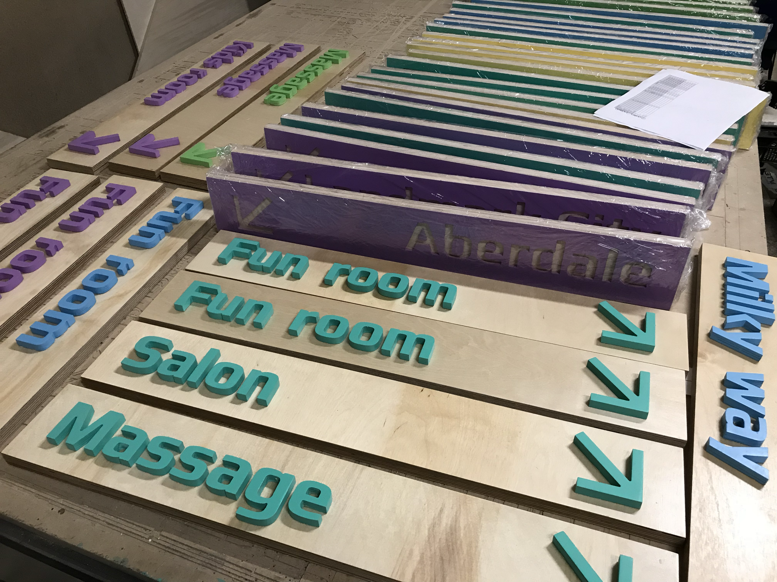 Colorful yard signs with names and directions, including 'Fun room,' 'Salon,' and 'Massage,' on a wooden table.