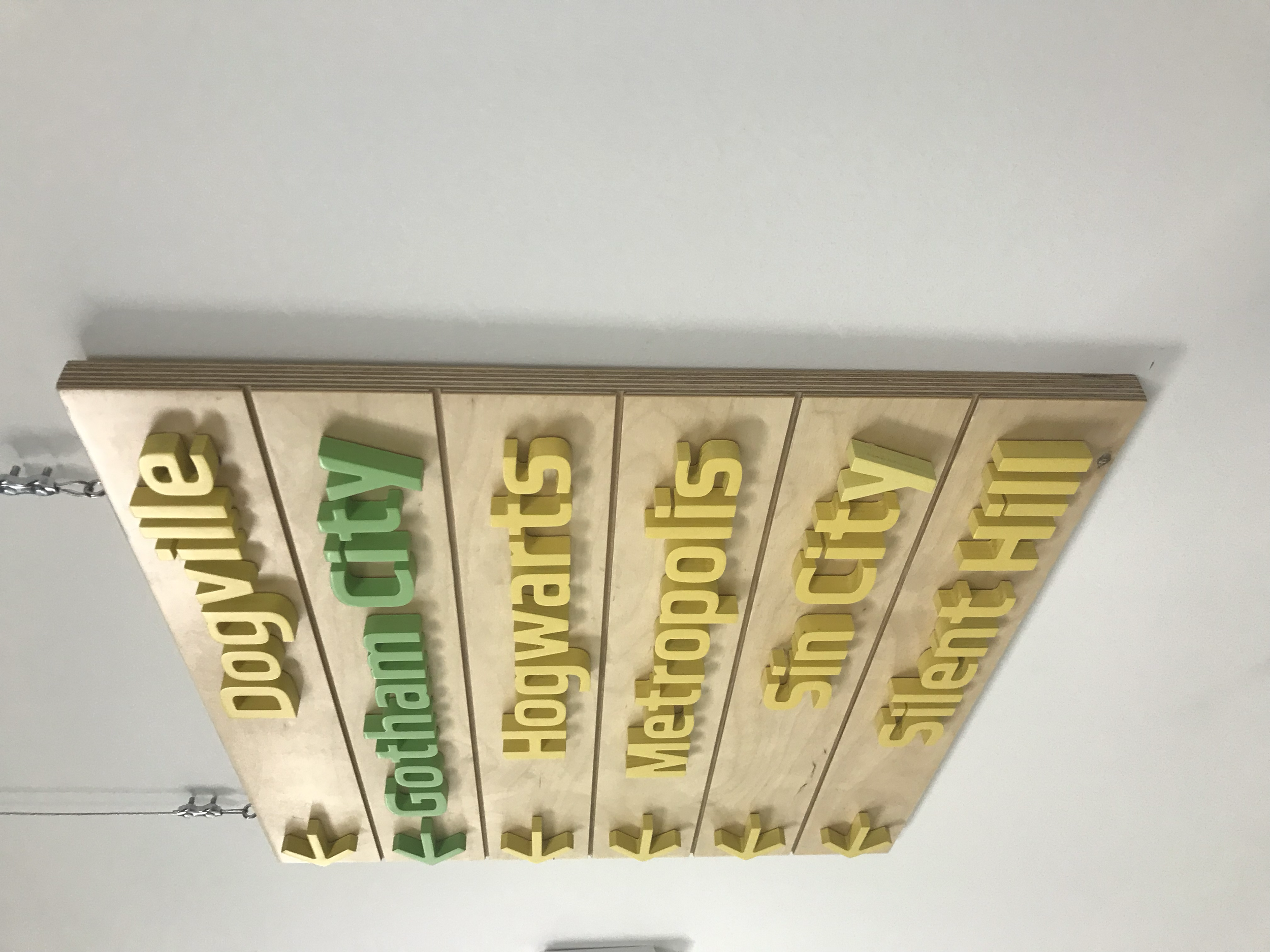 Educational wooden wall display titled 'Dog quiz' with columns labeled 'Following', 'Dog', 'Homework', 'Metropolitan', 'Stop', 'Sin', 'Silence' and sample words or phrases.