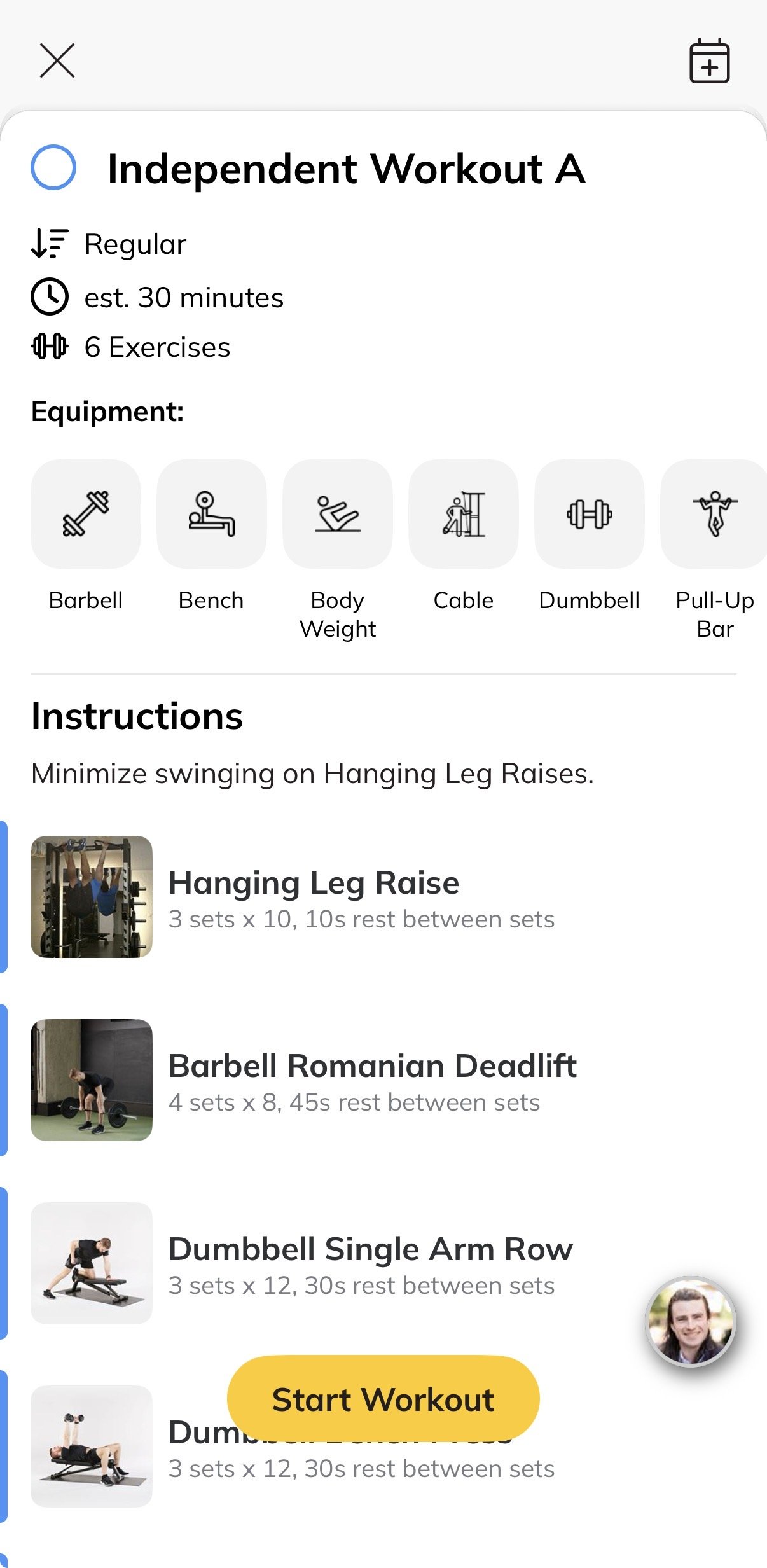 CoGym training app screenshot showing an independent workout with estimated duration, required equipment icons, coach instructions, and a list of exercises with sets, reps, and rest periods