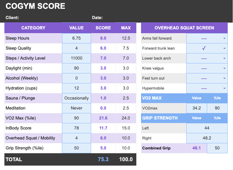 A sample digital scorecard for a client tracking their CoGym score