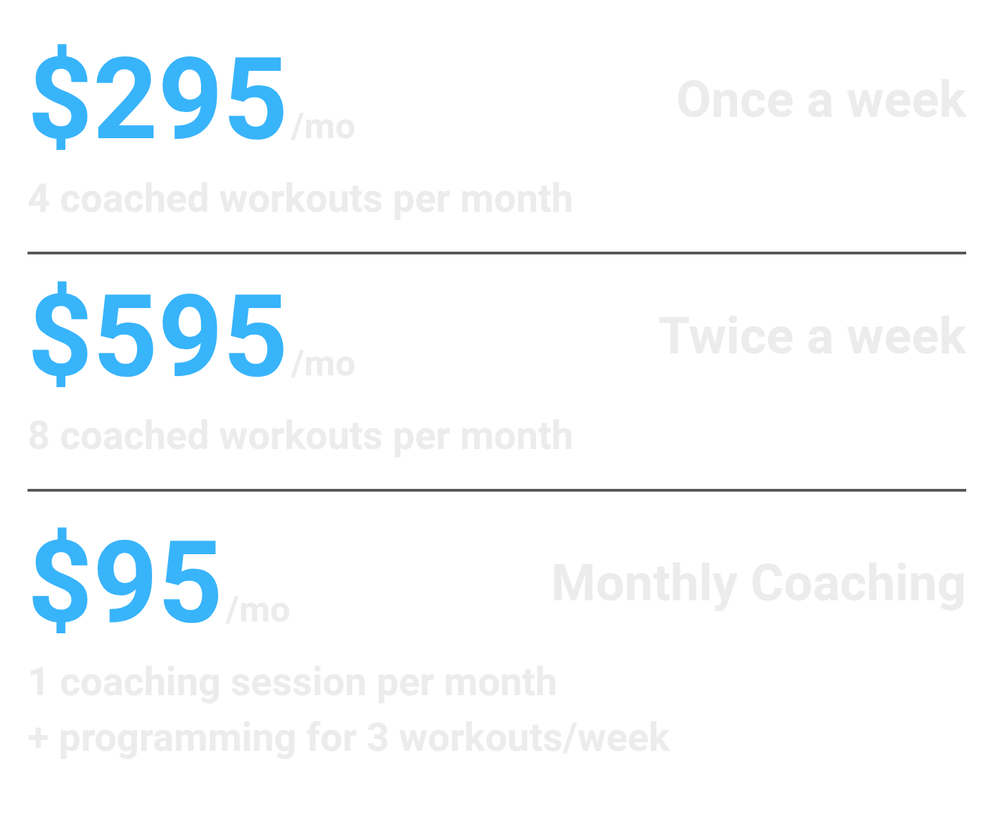 CoGym pricing: $295/month once a week, $595/month twice a week, $95/month for monthly coaching.