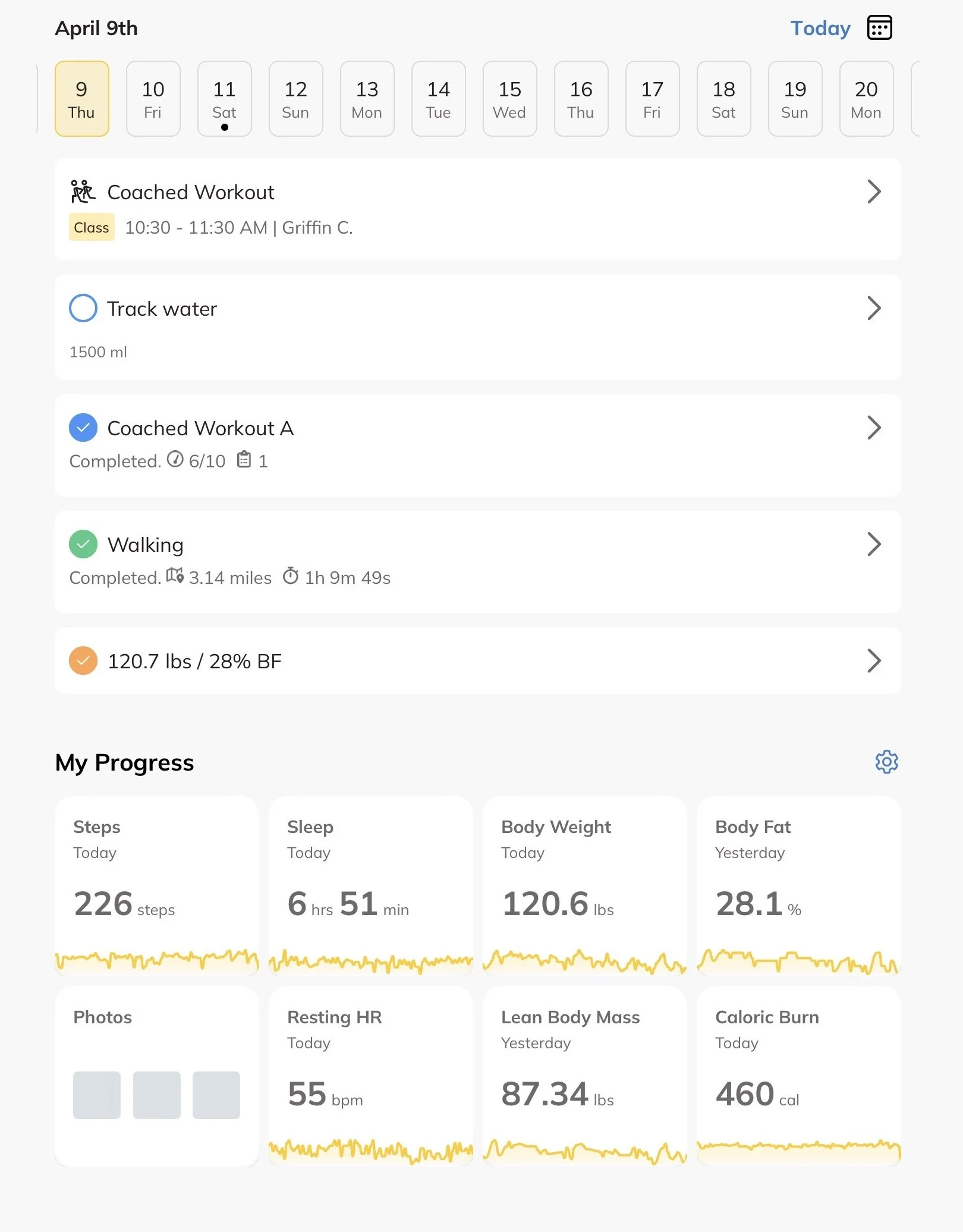 Trainerize dashboard showing a client's completed coached workout, walk, and weigh-in for April 9th, plus a My Progress grid with steps, sleep, body weight, body fat, resting HR, lean body mass, and caloric burn.