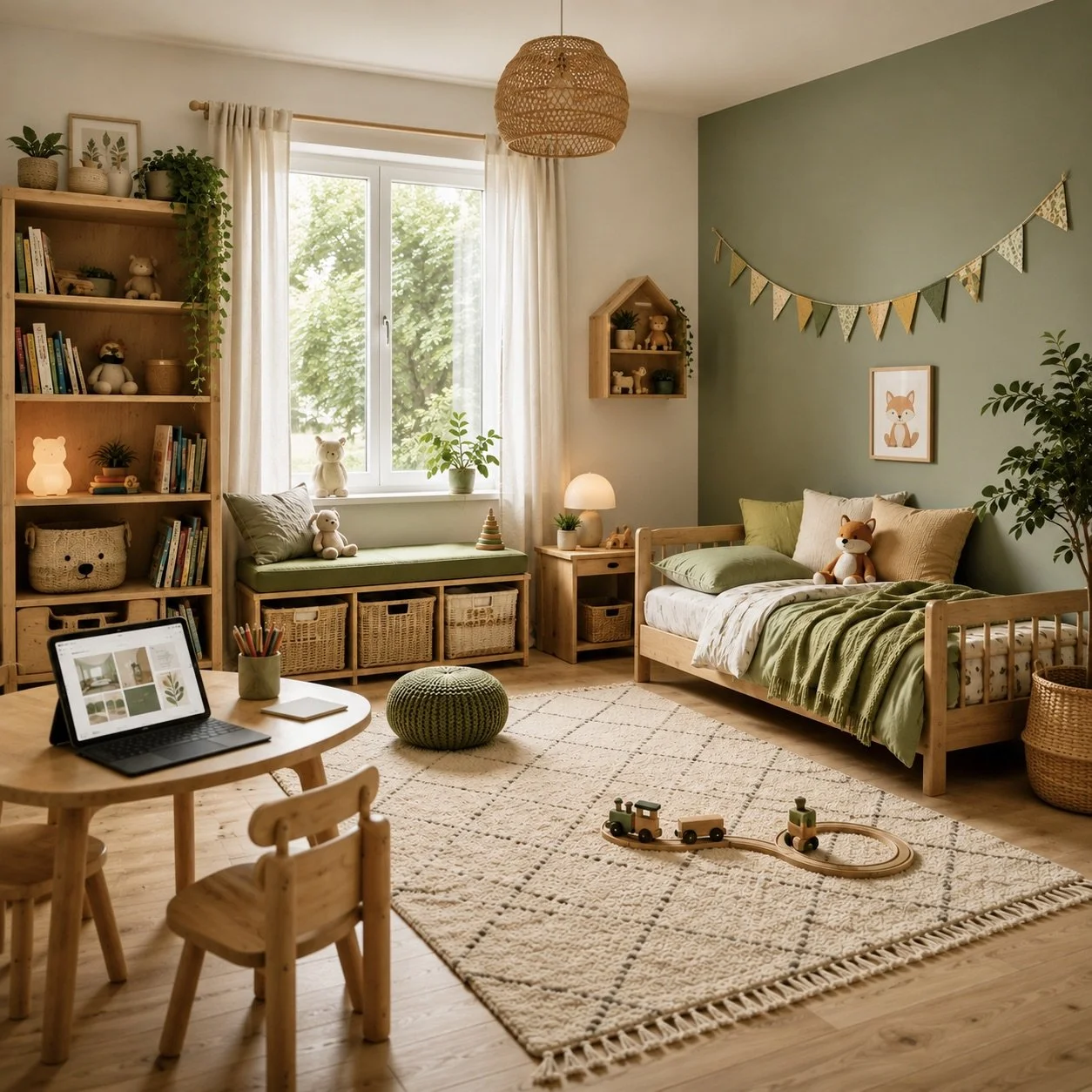 Grünes Kinderzimmer mit Naturmaterialien von KI visualisiert