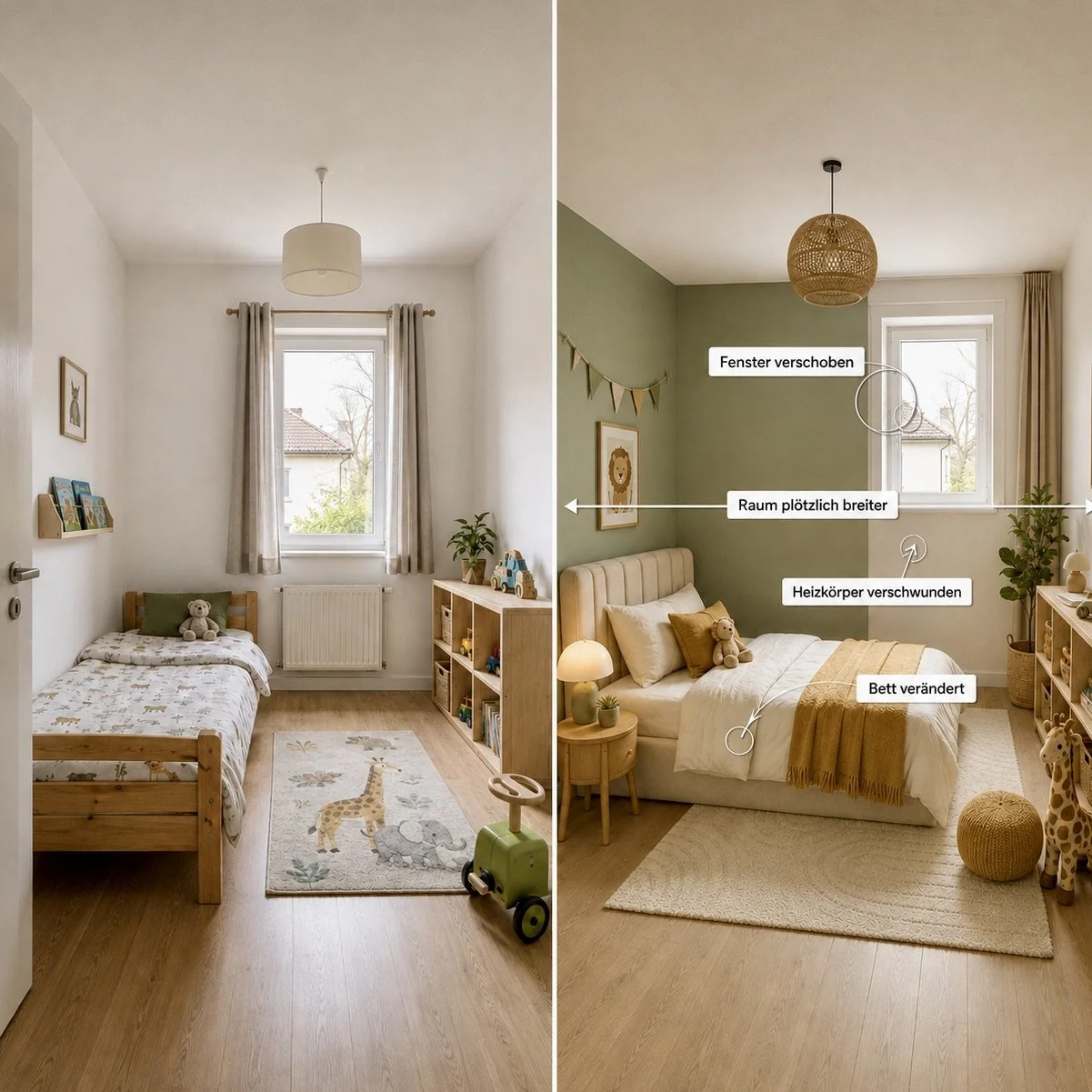 Vorher-nachher von einem Kinderzimmer mit KI visualisiert